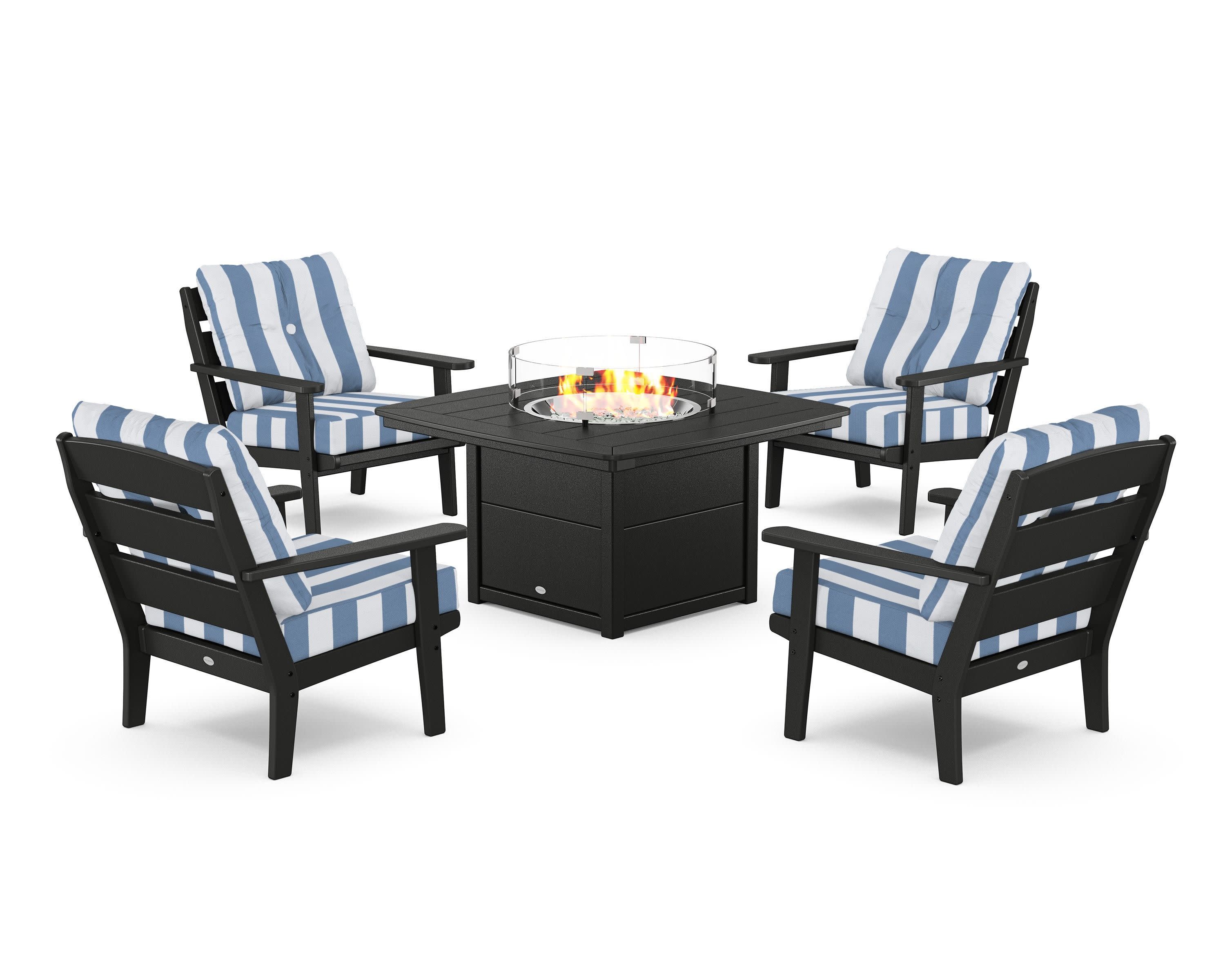 Lakeside 5-Piece Deep Seating Set with Nautical Fire Pit Table in Black / Cabana Stripe Sky Blue