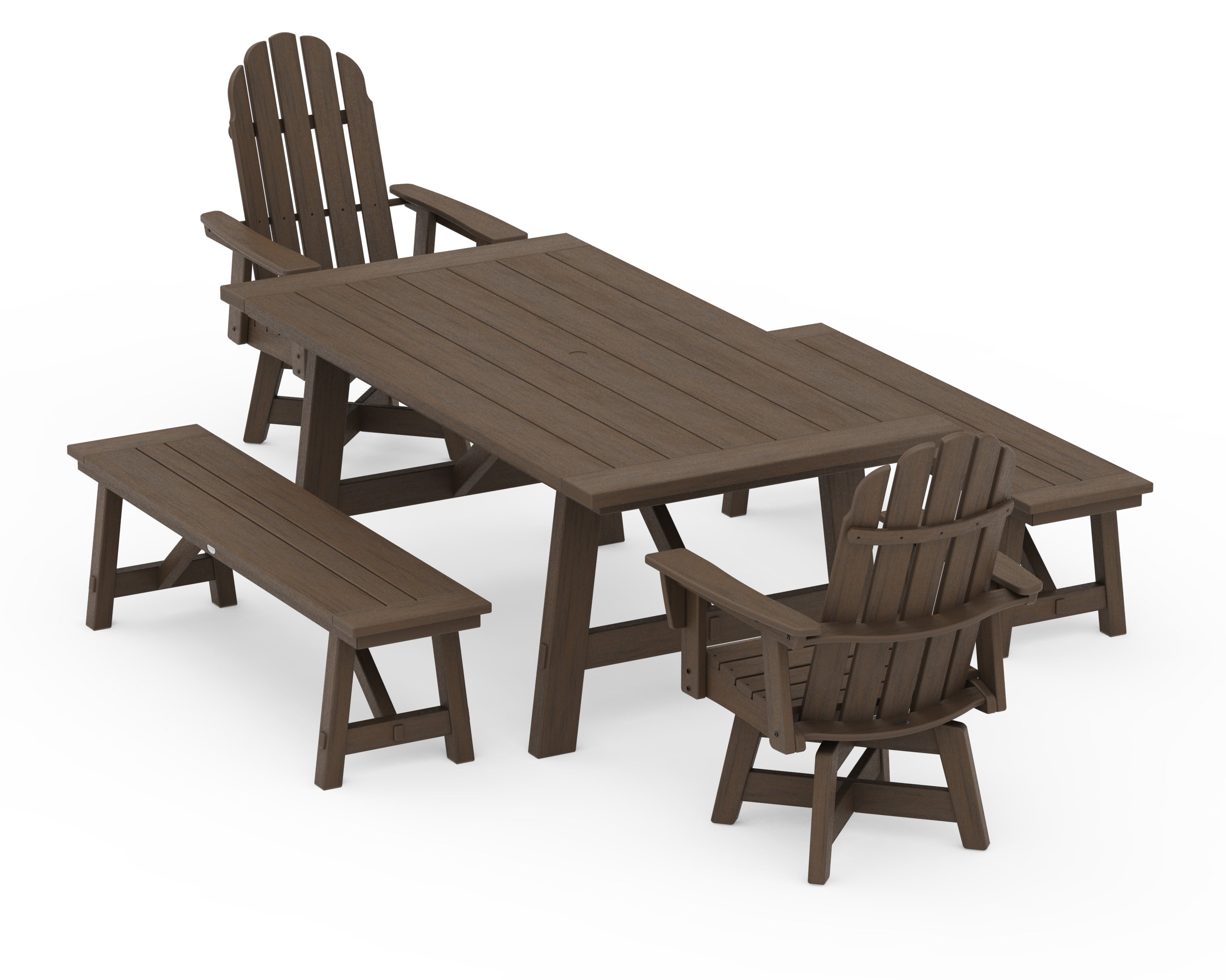 VineyardCurveback Adirondack Swivel Chair 5-Piece Rustic Farmhouse Dining Set With Benches in Kona