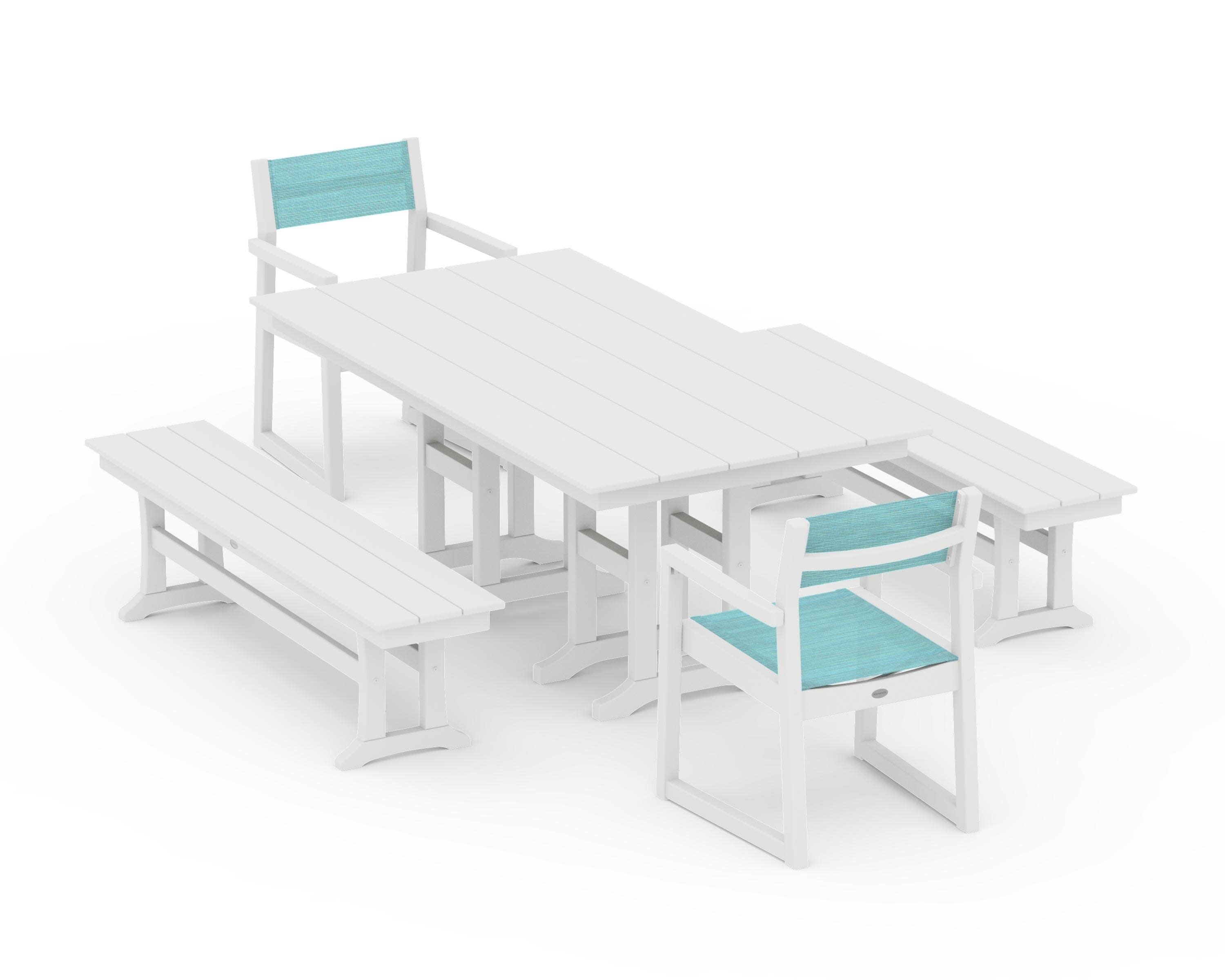 EDGE Sling Arm Chair 5-Piece Farmhouse Dining Set with Benches in White / Dupioni Aquamarine Sling