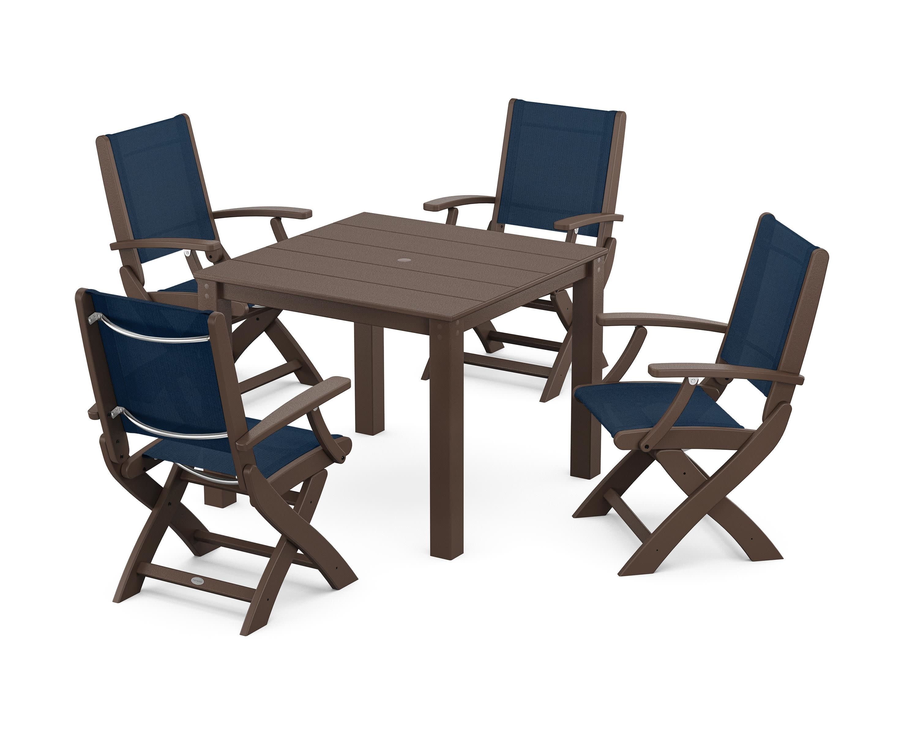 Coastal Folding Chair 5-Piece Parsons Dining Set in Mahogany / Navy Blue Sling