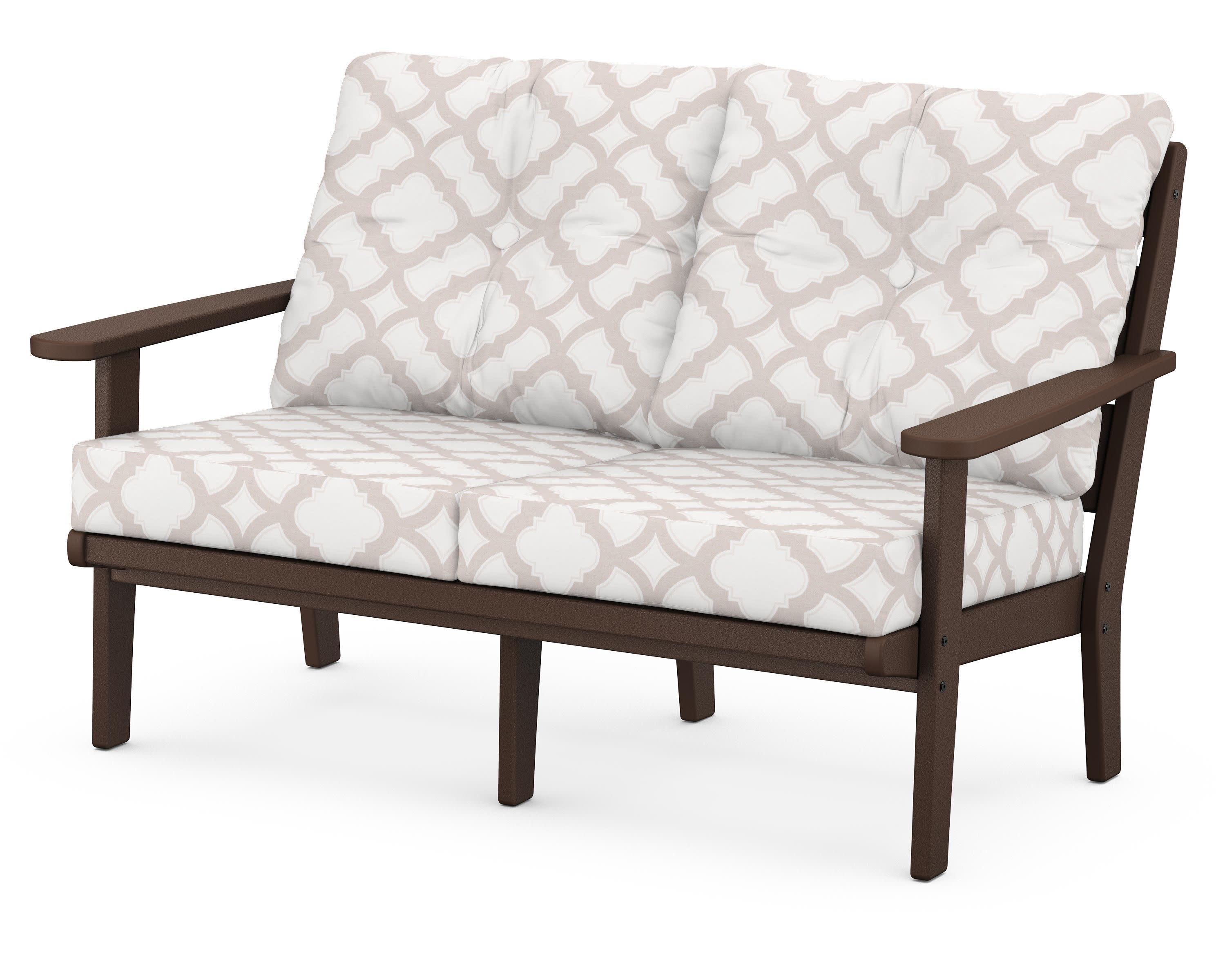 Lakeside Deep Seating Loveseat in Mahogany / Trellis Dune Burlap
