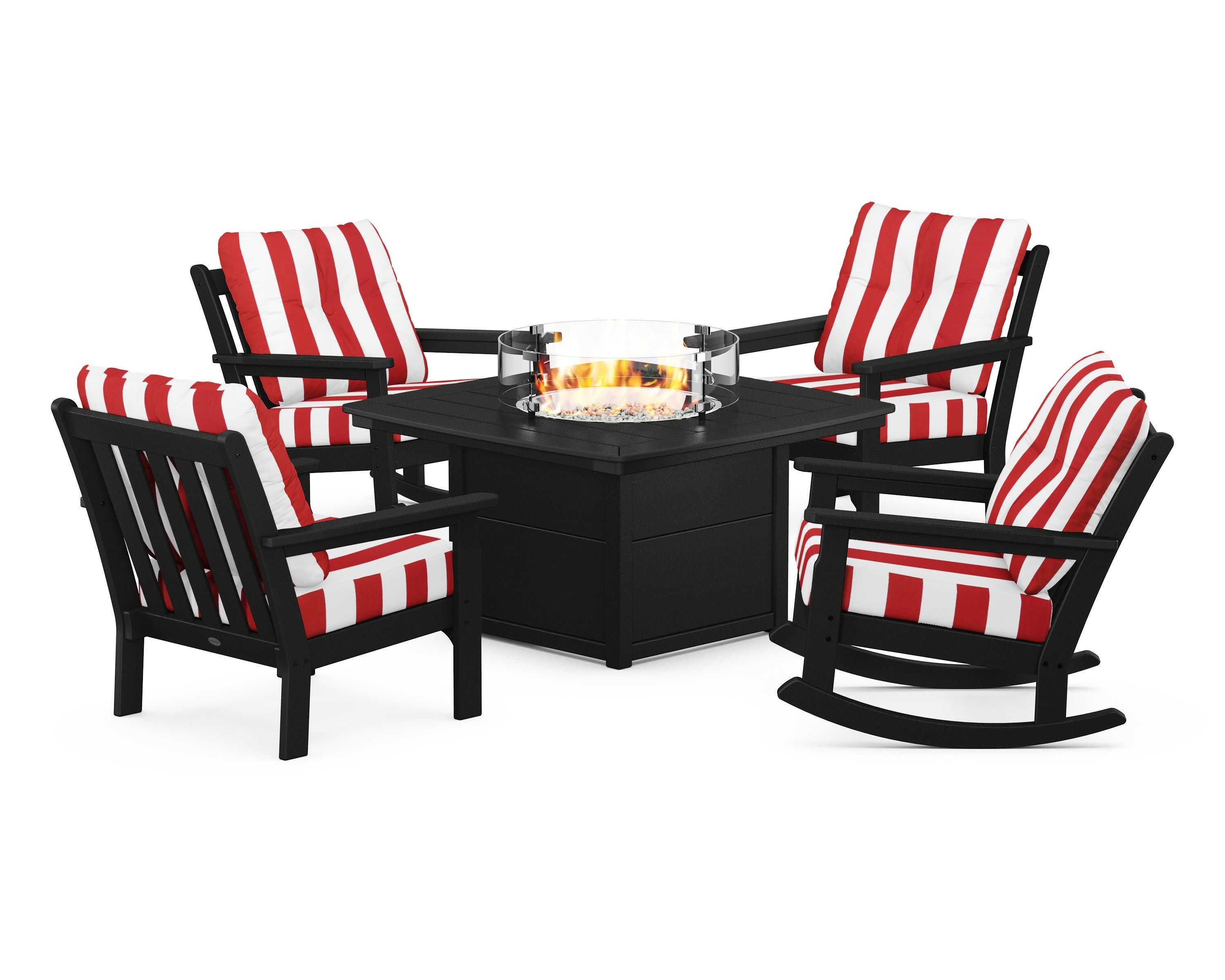 Vineyard 5-Piece Deep Seating Rocking Chair Conversation Set with Fire Pit Table in Black / Cabana Stripe Crimson