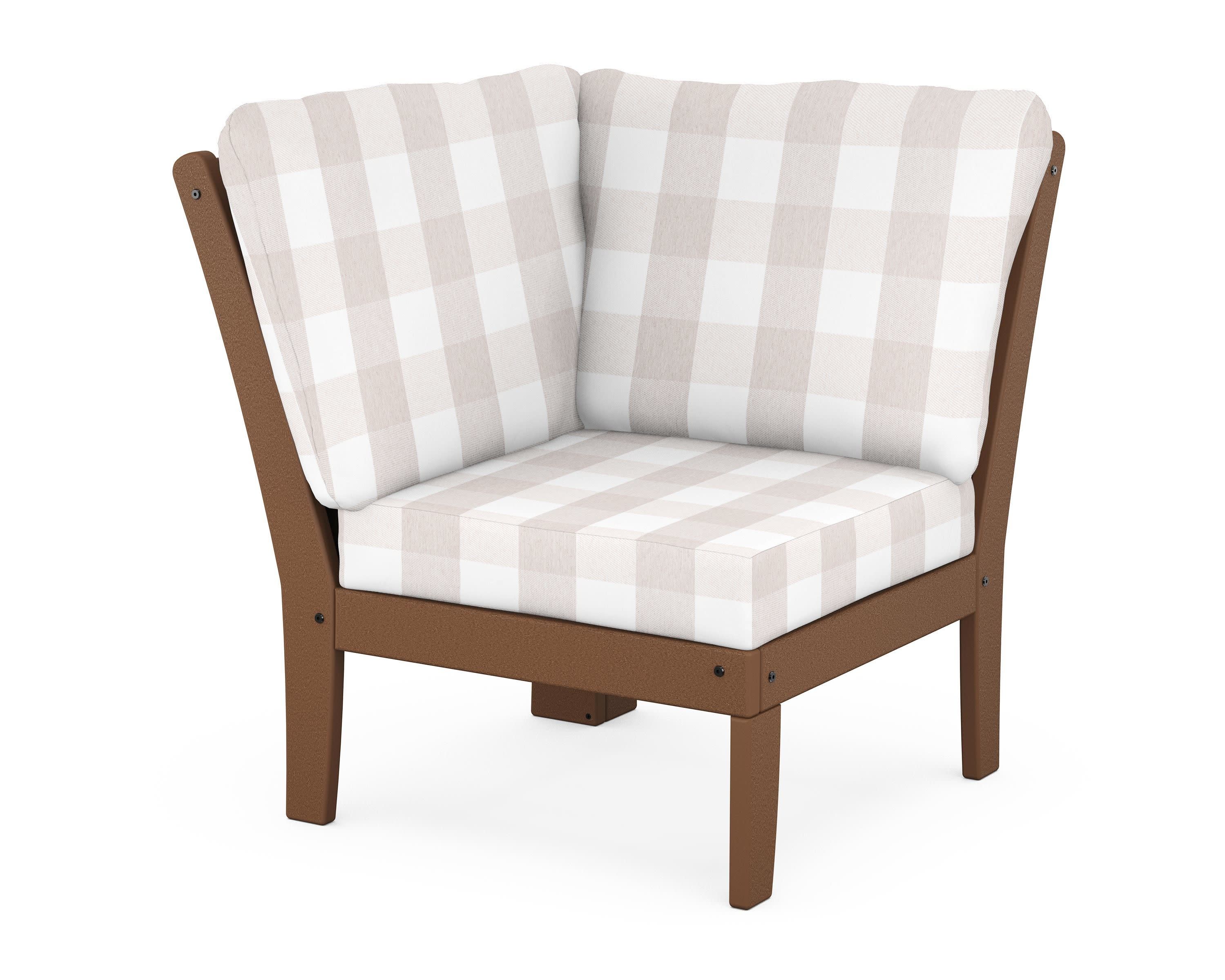 Braxton Modular Corner Chair in Teak / Buffalo Plaid Dune Burlap