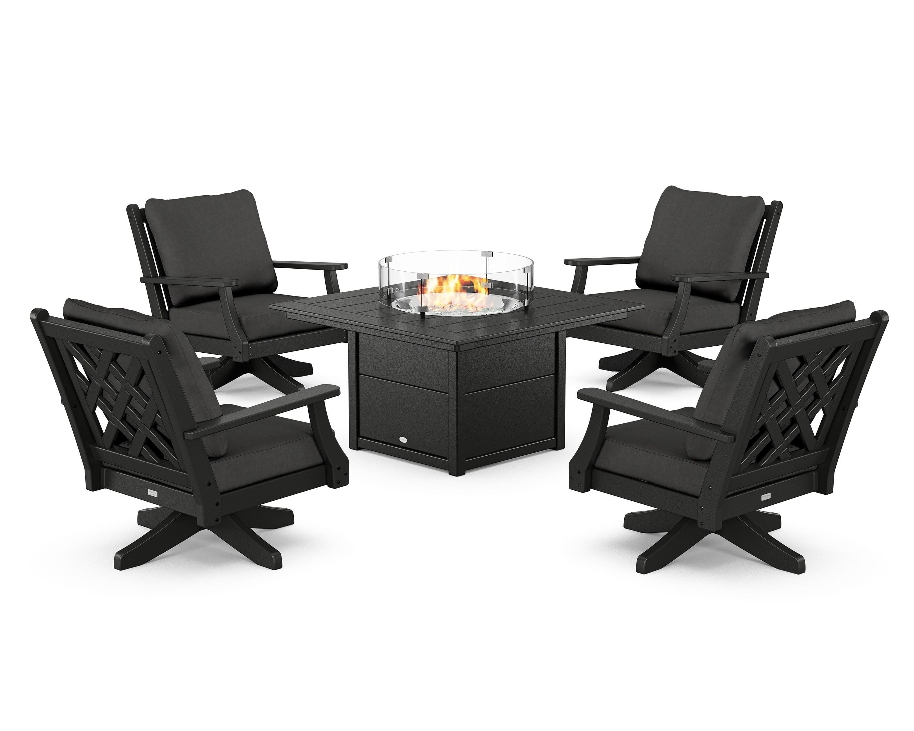Wovendale 5-Piece Deep Seating Swivel Conversation Set with Fire Pit Table in Black / Spectrum Carbon