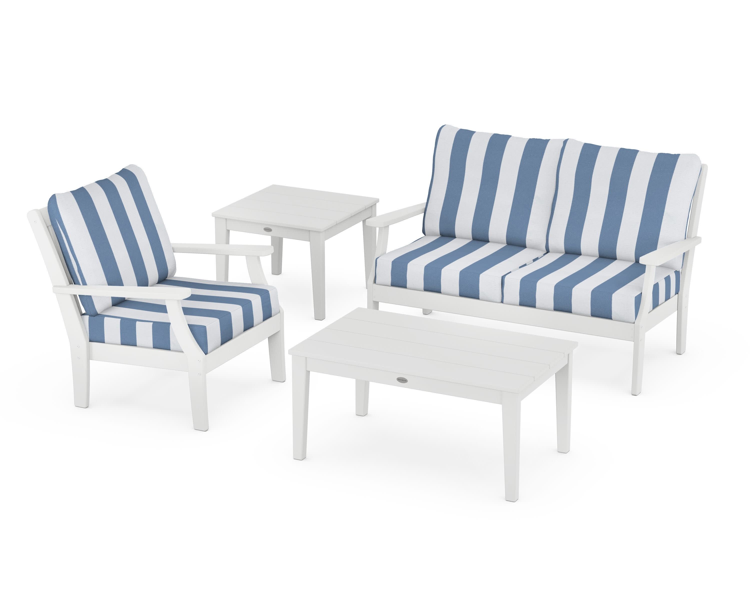 Braxton 4-Piece Deep Seating Set in White / Cabana Stripe Sky Blue