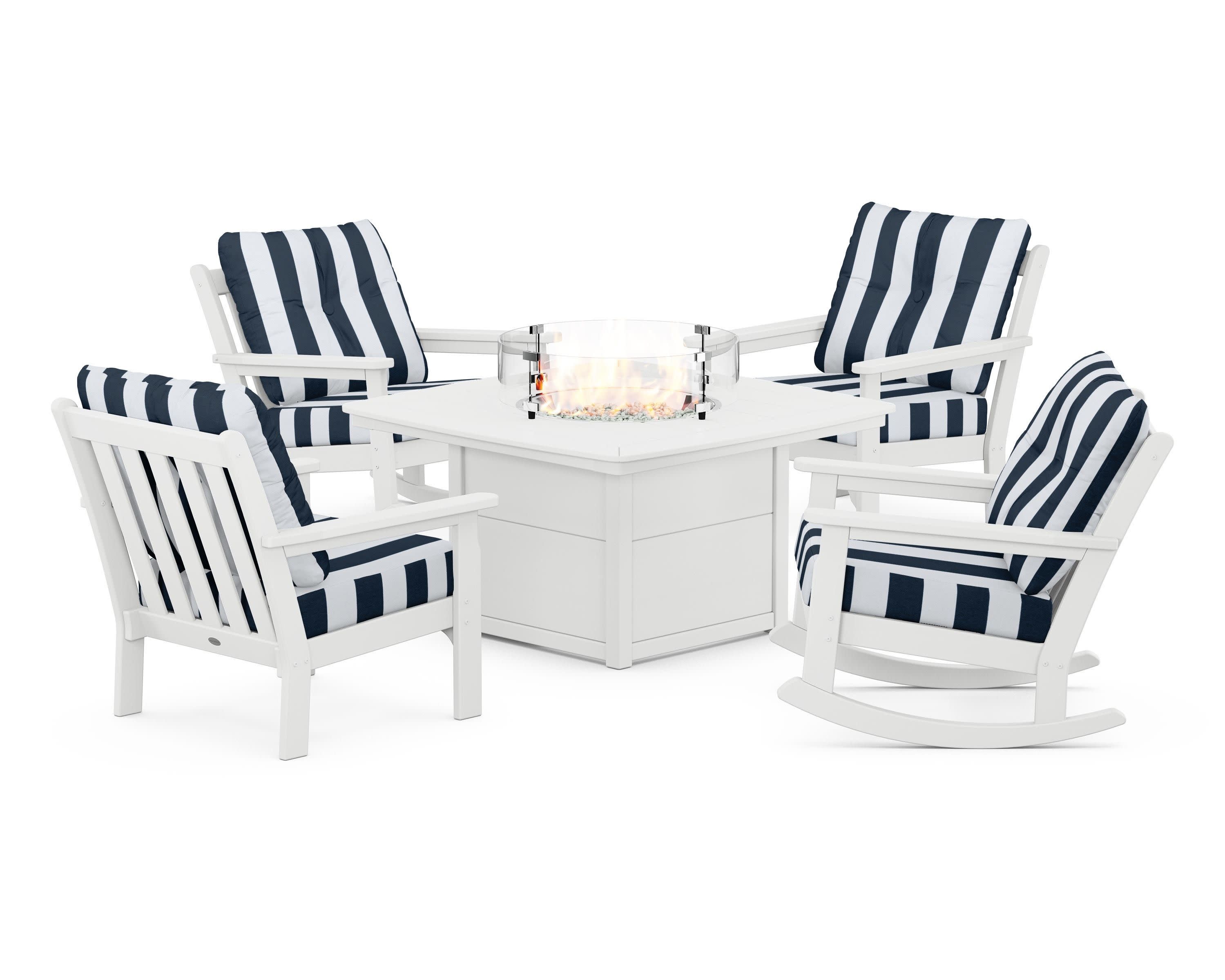 Vineyard 5-Piece Deep Seating Rocking Chair Conversation Set with Fire Pit Table in White / Cabana Stripe Marine Indigo