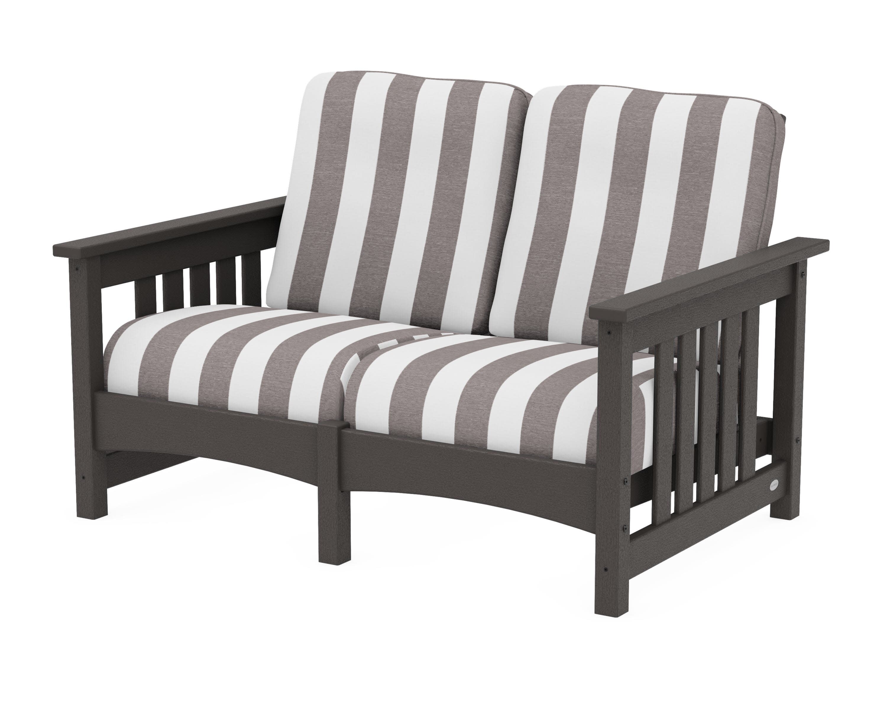 Club Mission Loveseat in Vintage Coffee / Cabana Stripe Grey Mist