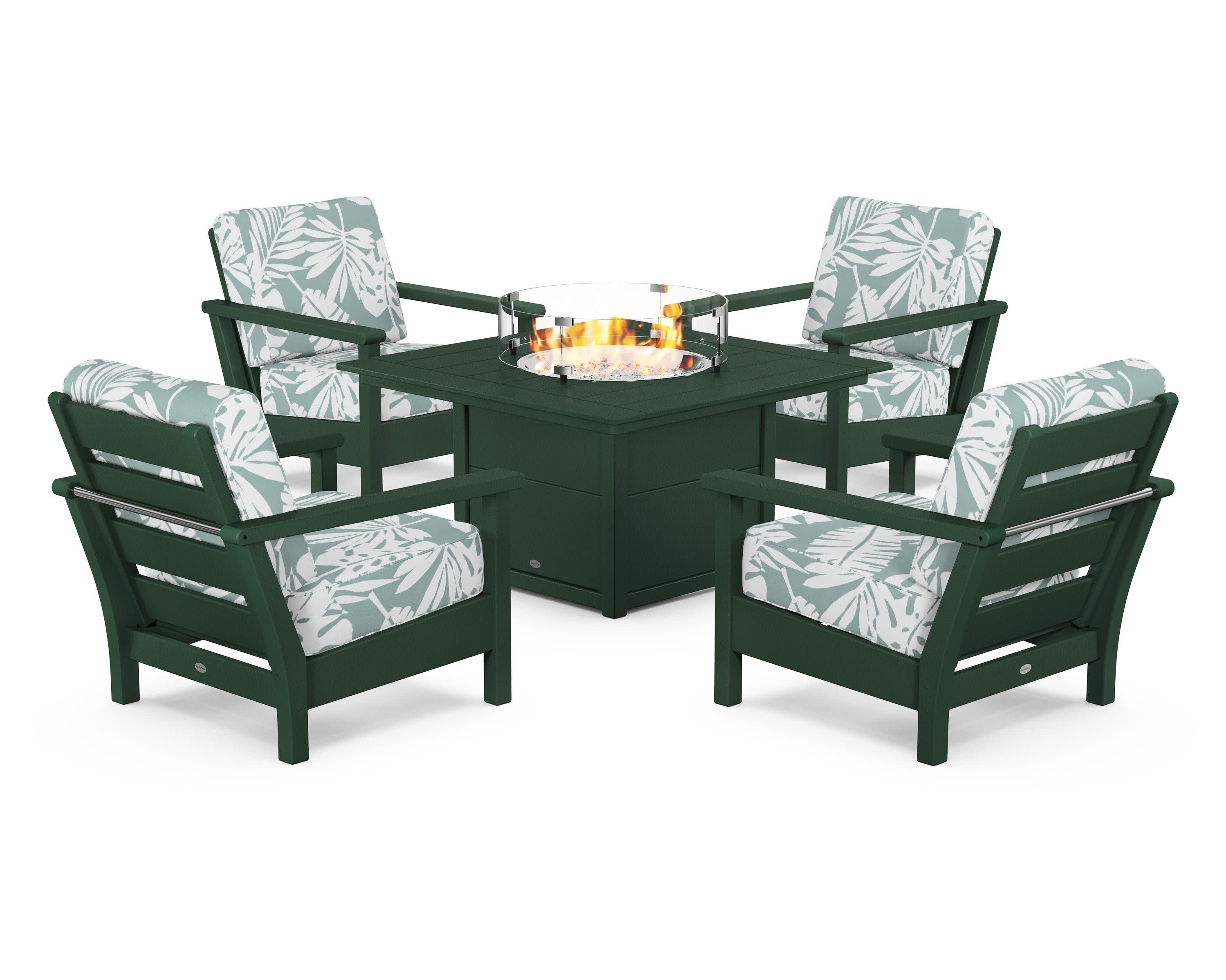 Harbour 5-Piece Conversation Set with Fire Pit Table in Green / Leaf Glacier Spa