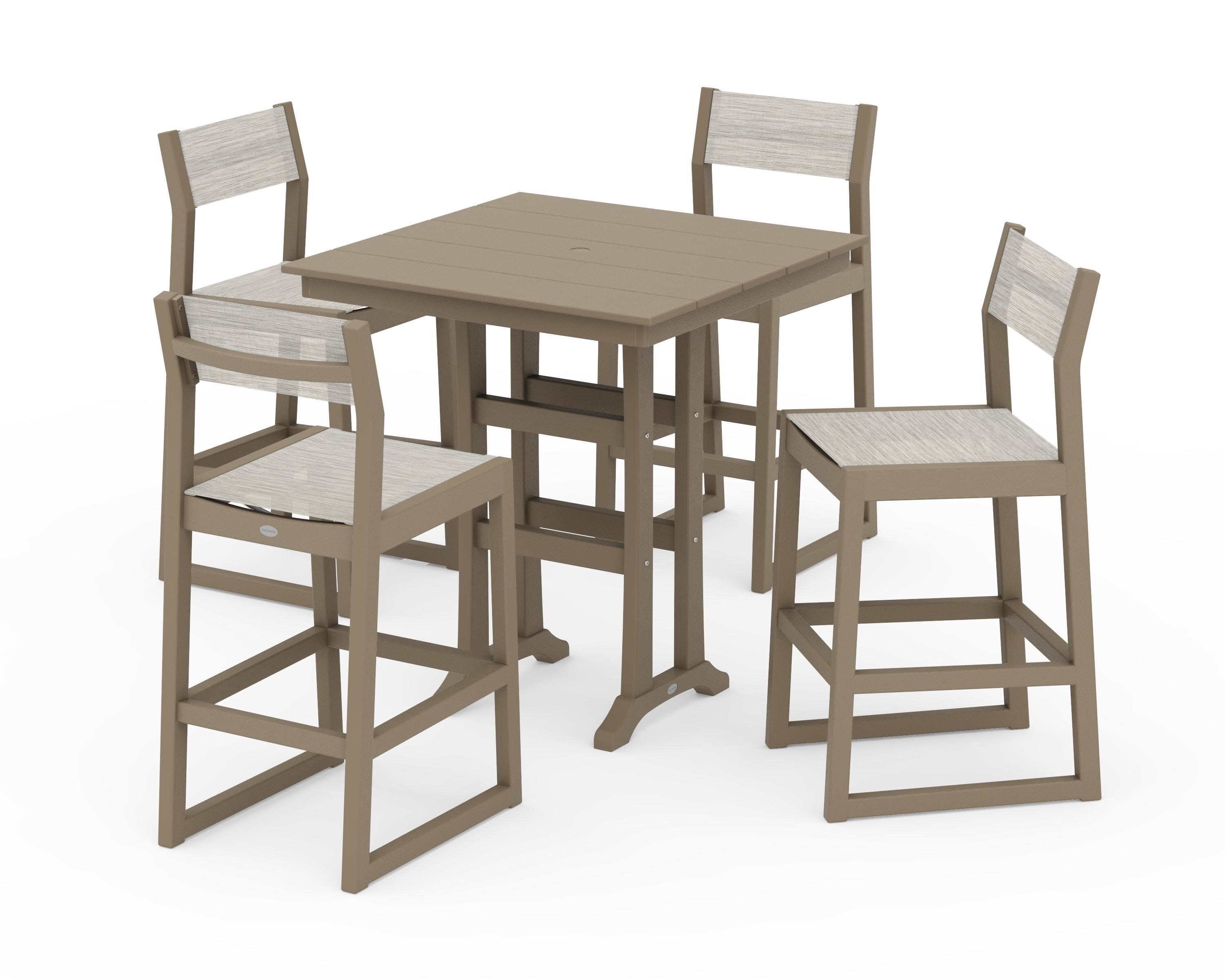 EDGE Sling Arm Chair 5-Piece Farmhouse Bar Set with Trestle Legs in Vintage Sahara / Birch Sling