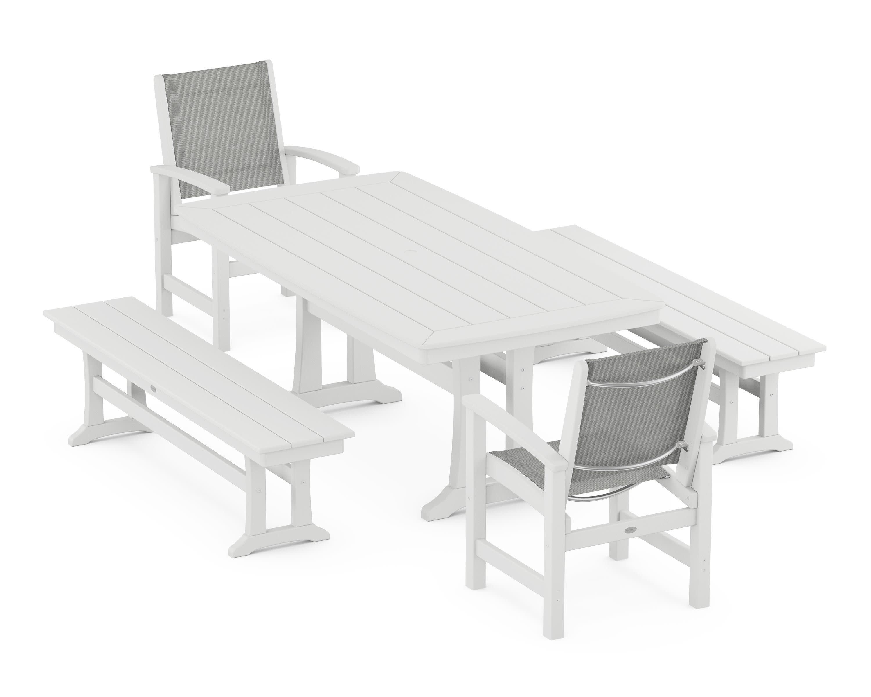 Coastal 5-Piece Dining Set with Trestle Legs and Benches in White / Metallic Sling