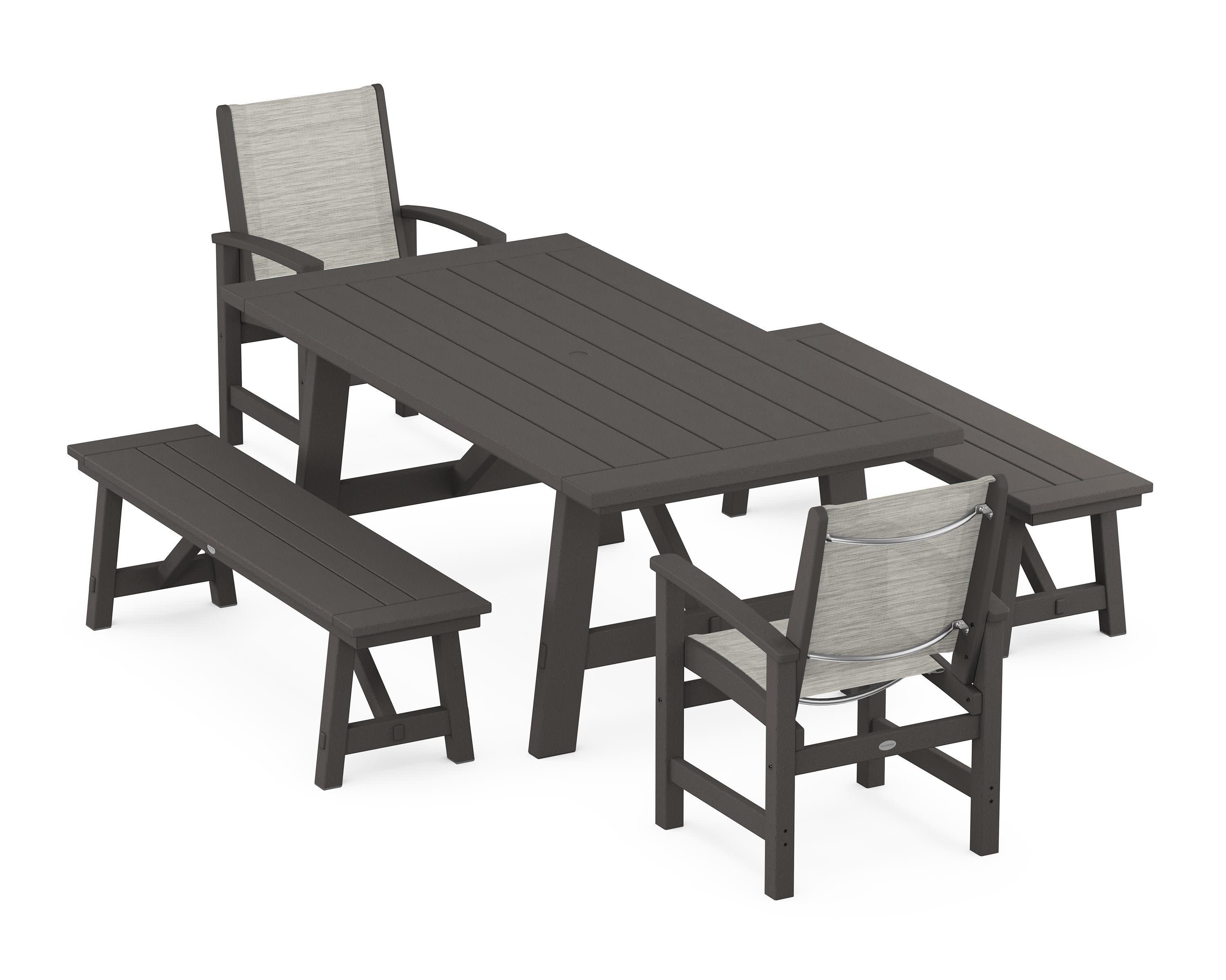Coastal 5-Piece Rustic Farmhouse Dining Set With Benches in Vintage Coffee / Birch Sling