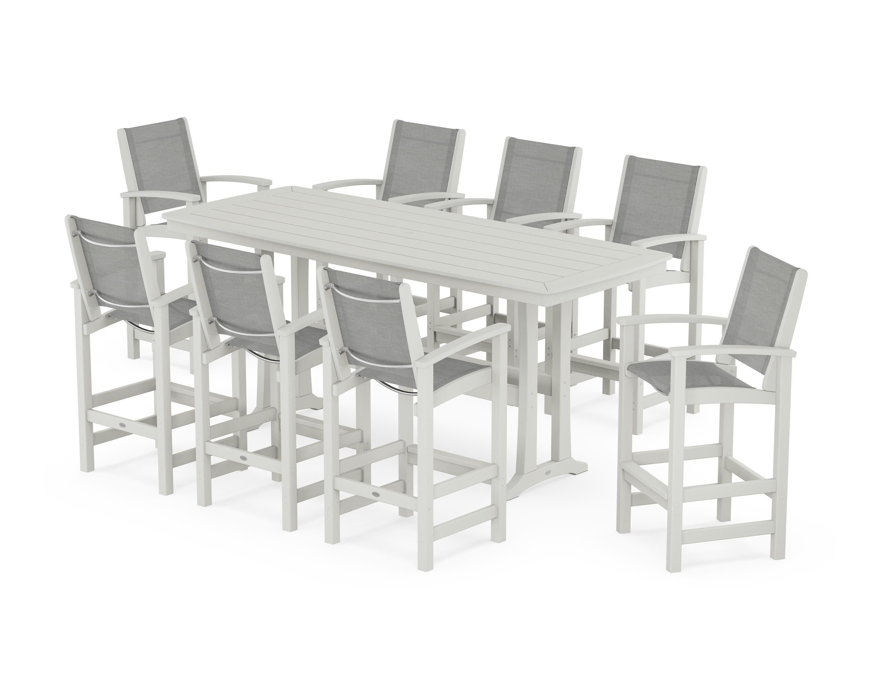 Coastal 9-Piece Bar Set with Trestle Legs in Vintage White / Metallic Sling
