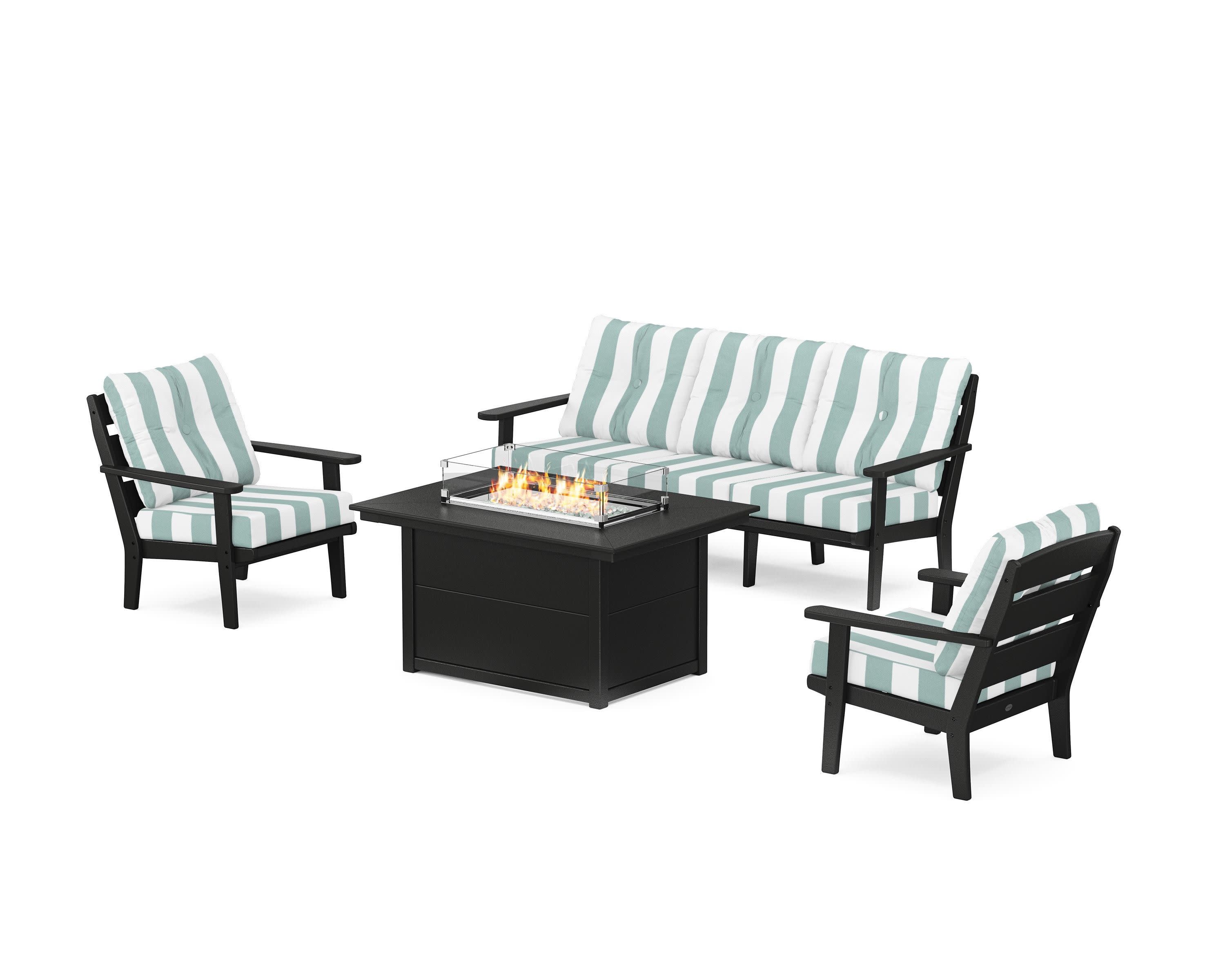 Lakeside Deep Seating Fire Pit Table Set in Black / Cabana Stripe Glacier Spa