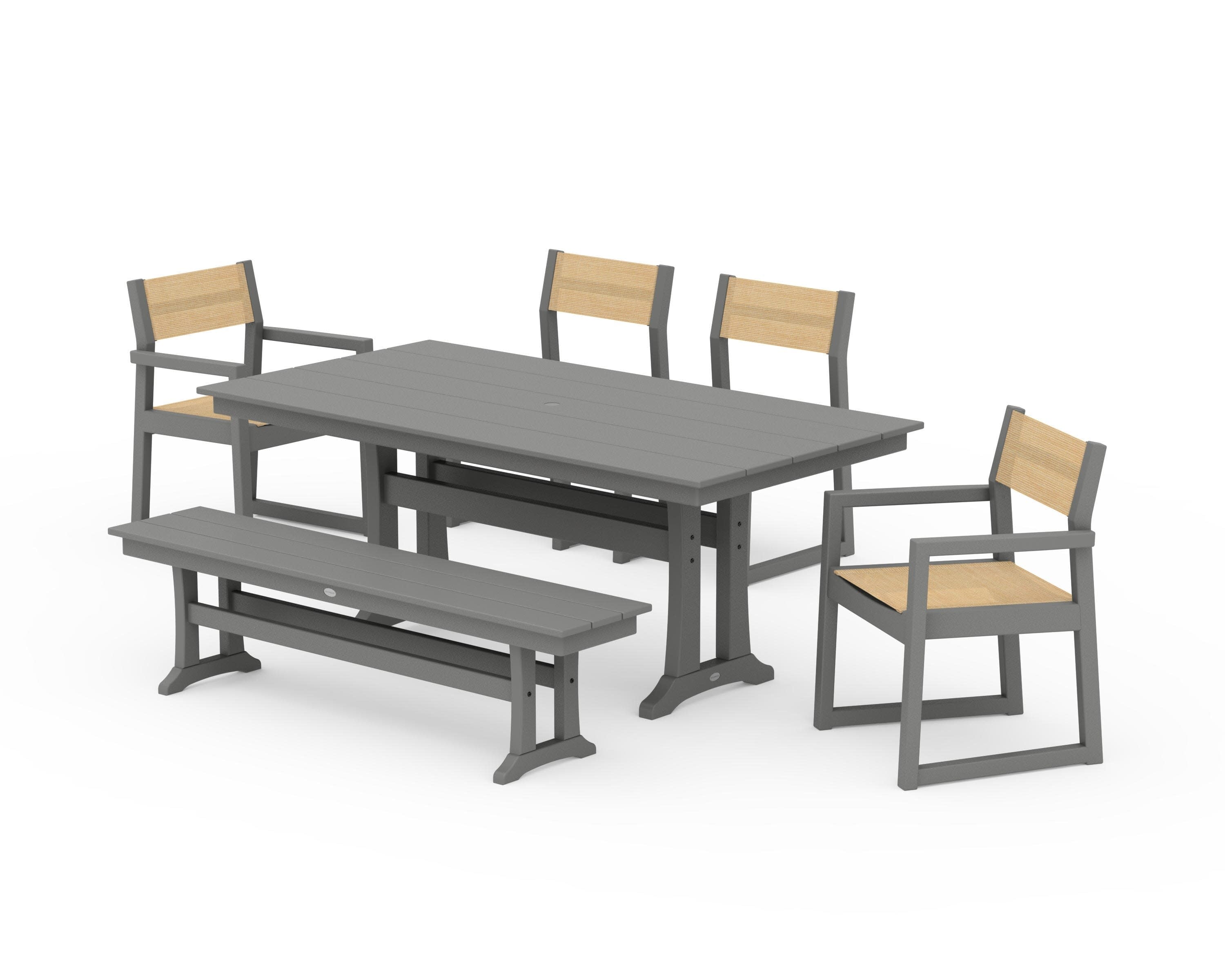EDGE Sling 6-Piece Farmhouse Dining Set With Trestle Legs in Slate Grey / Dupioni Apricot Sling