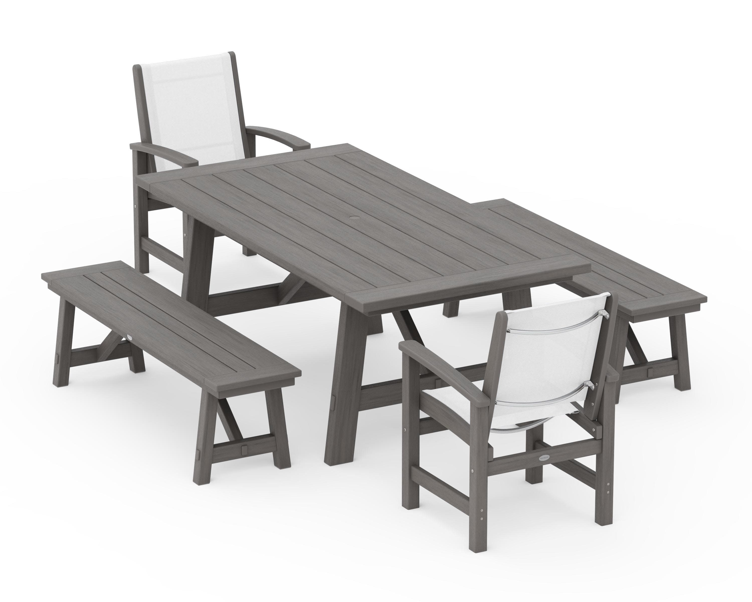 Coastal 5-Piece Rustic Farmhouse Dining Set With Benches in Driftwood / White Sling
