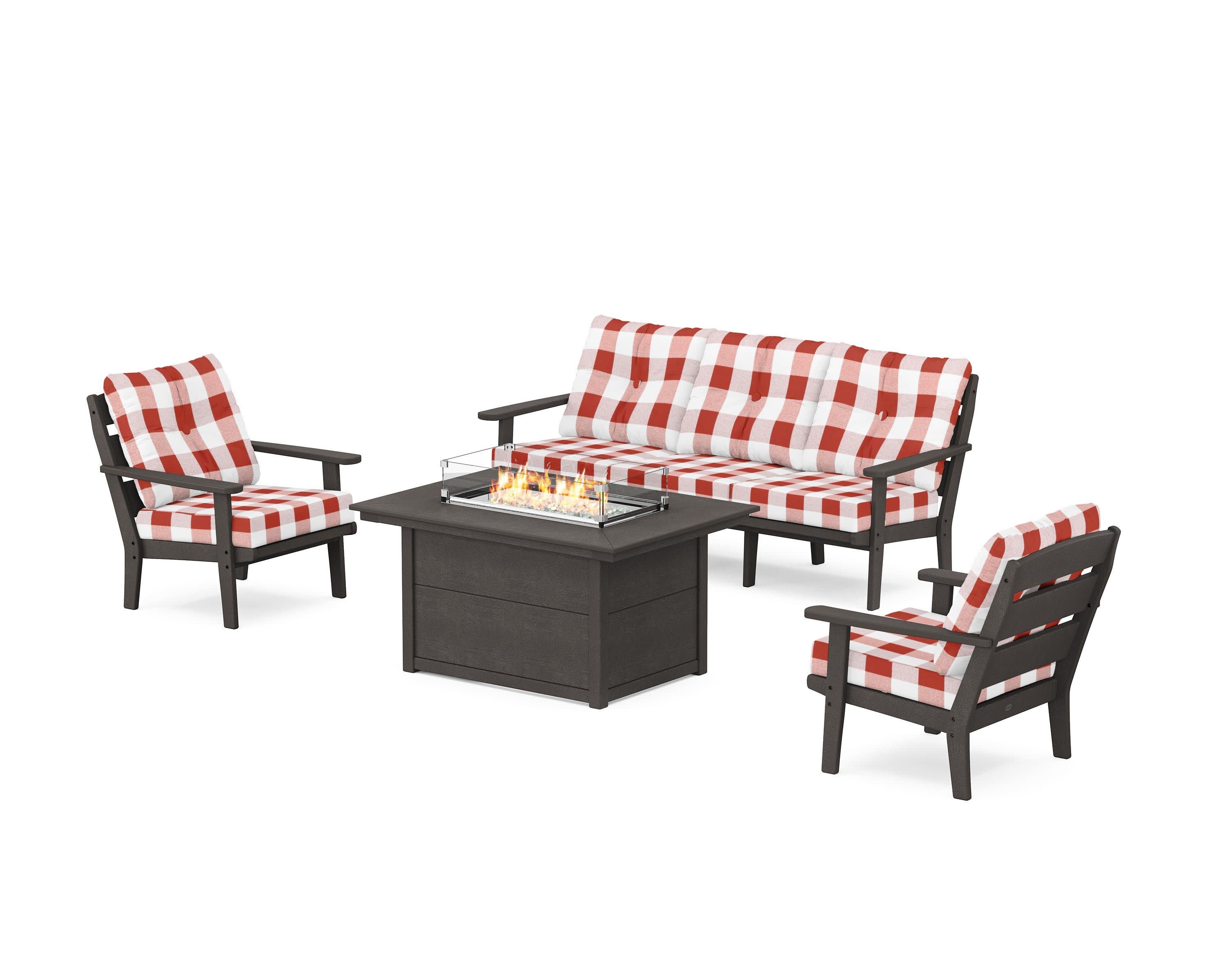 Lakeside Deep Seating Fire Pit Table Set in Vintage Coffee / Buffalo Plaid Crimson