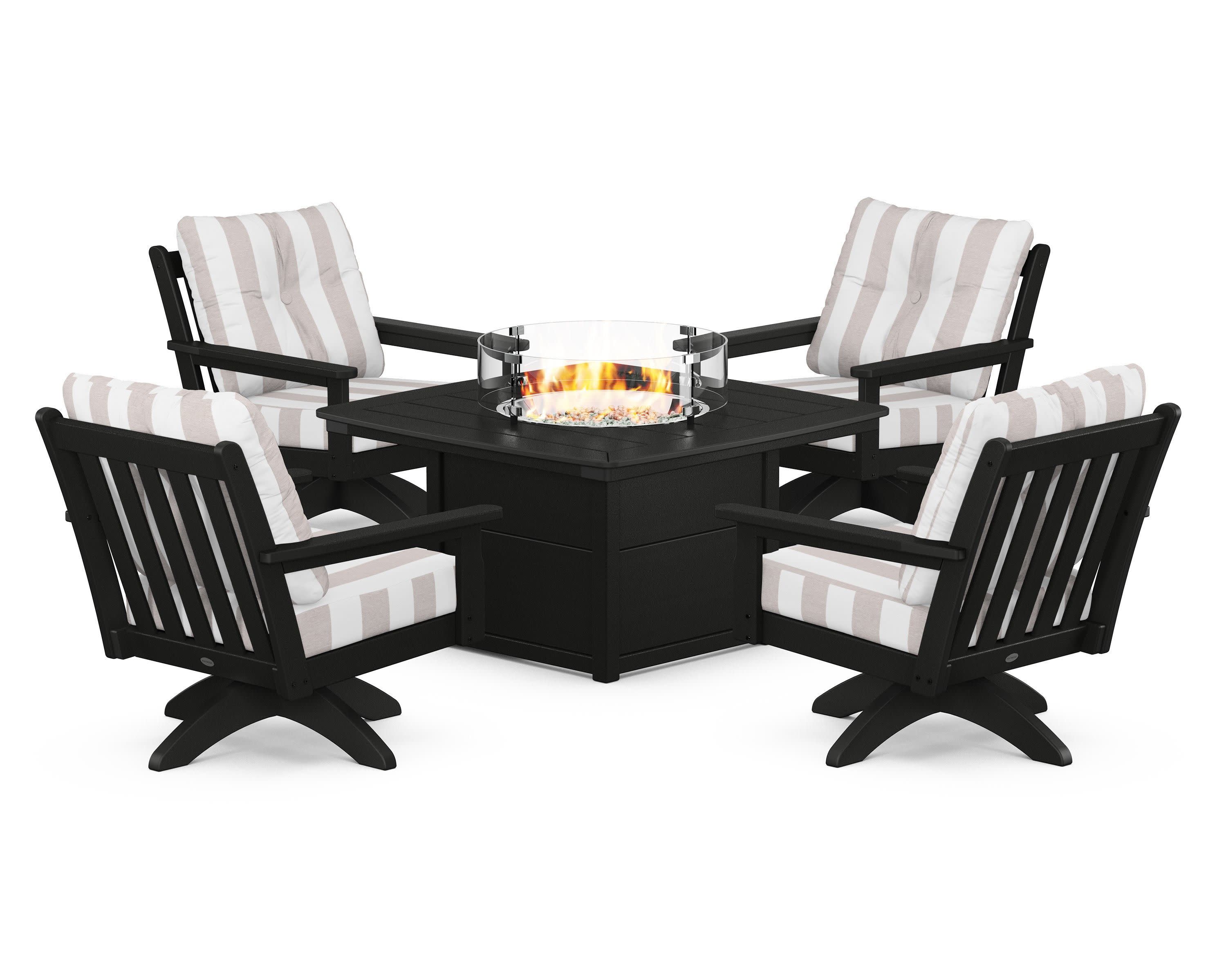 Vineyard 5-Piece Deep Seating Swivel Conversation Set with Fire Pit Table in Black / Cabana Stripe Dune Burlap