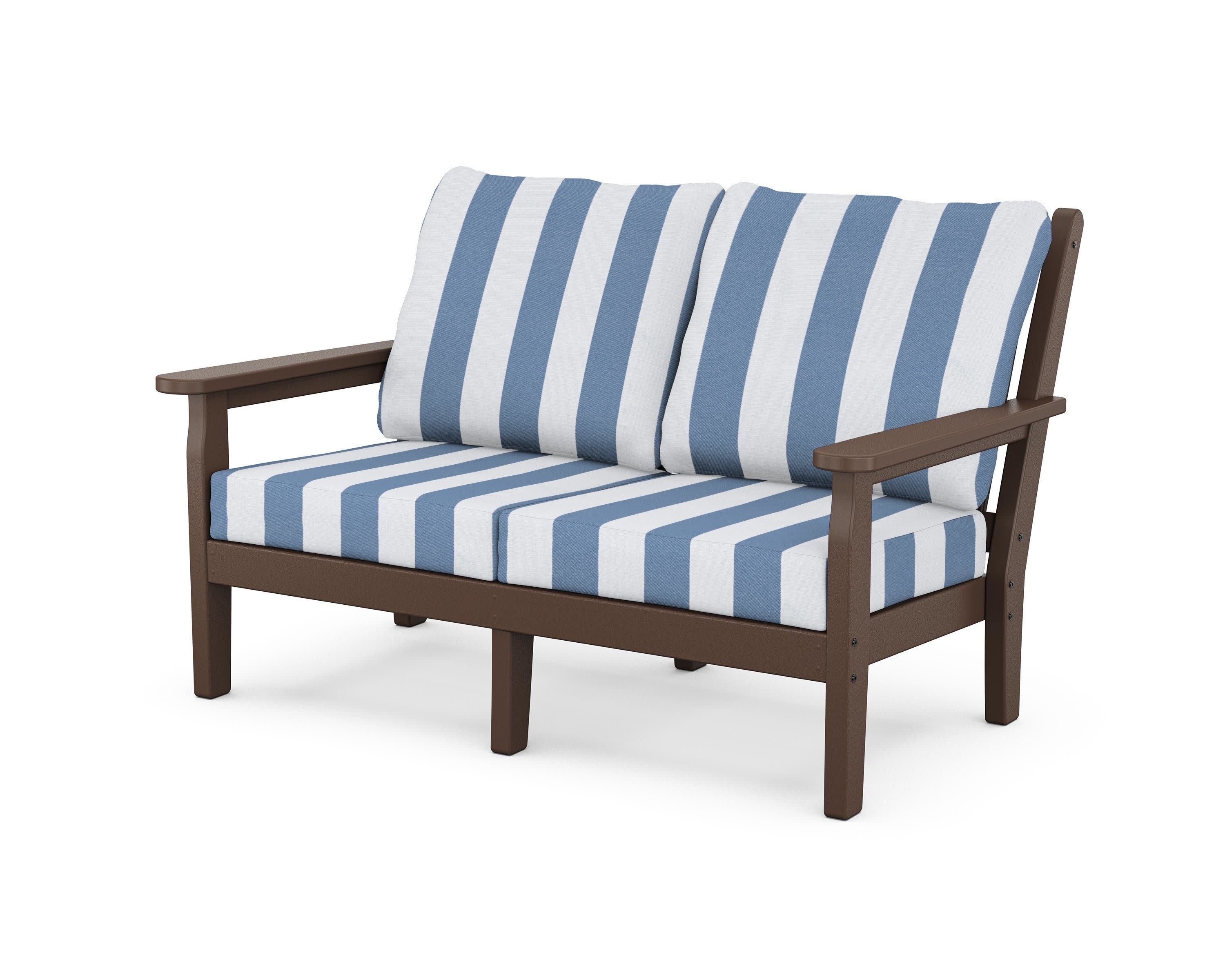 Chippendale Deep Seating Loveseat in Mahogany / Cabana Stripe Sky Blue