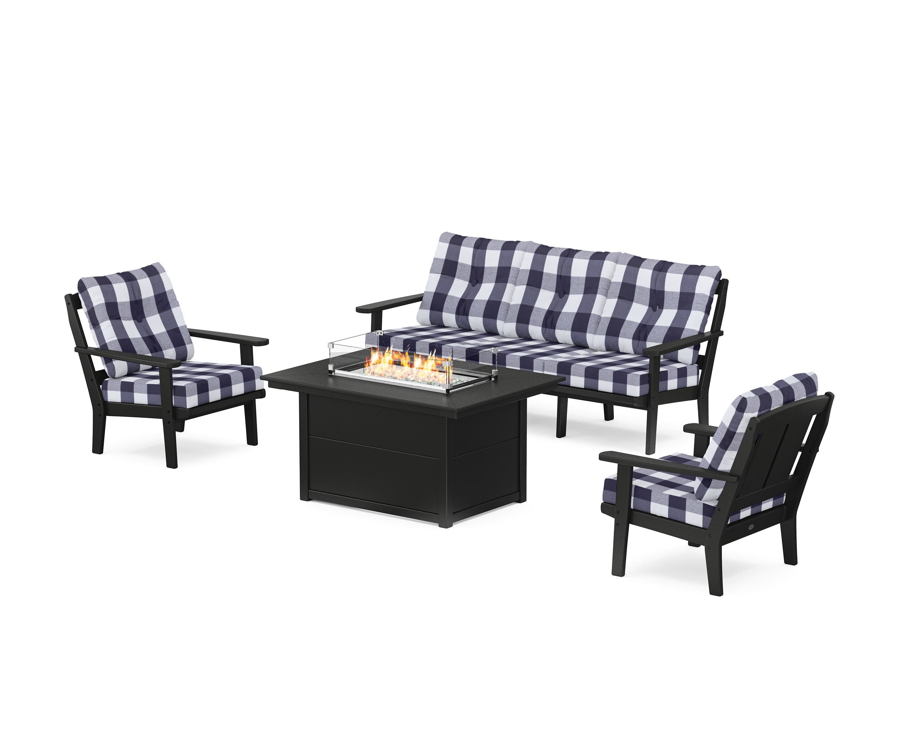 Mission Deep Seating Fire Pit Table Set in Black / Buffalo Plaid Navy