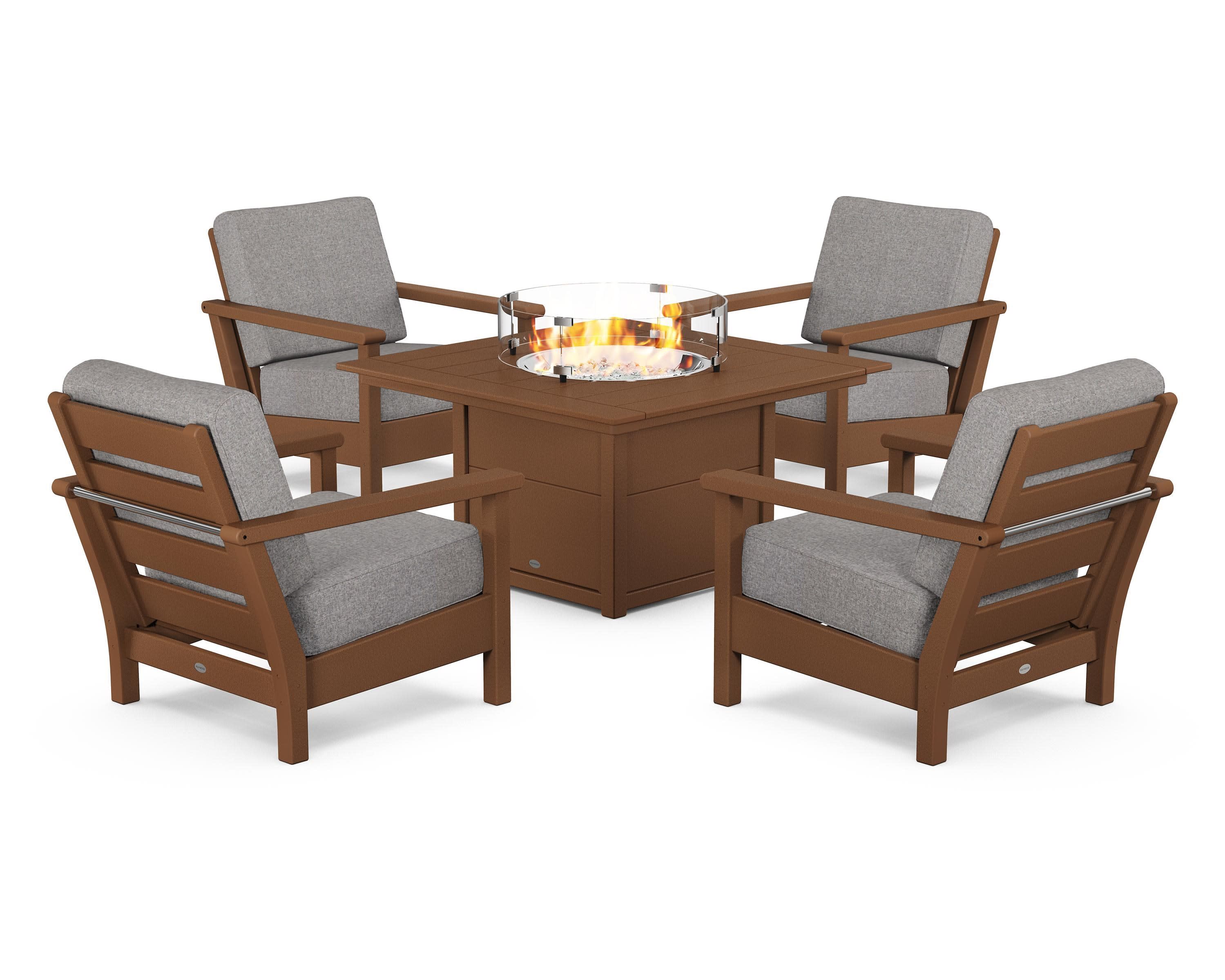 Harbour 5-Piece Conversation Set with Fire Pit Table in Teak / Grey Mist