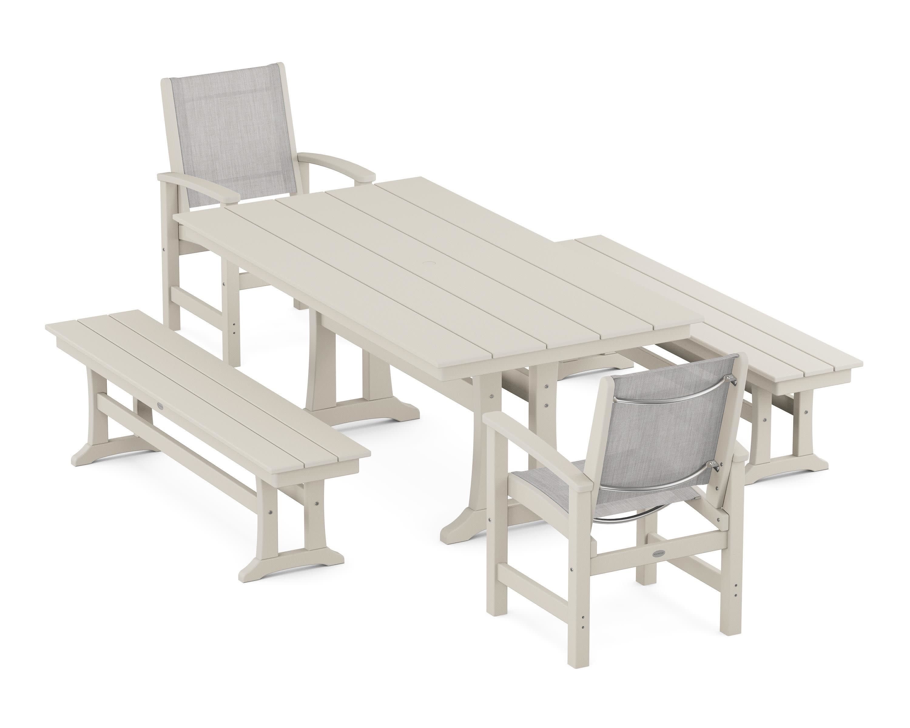 Coastal 5-Piece Farmhouse Dining Set with Trestle Legs and Benches in Sand / Parchment Sling