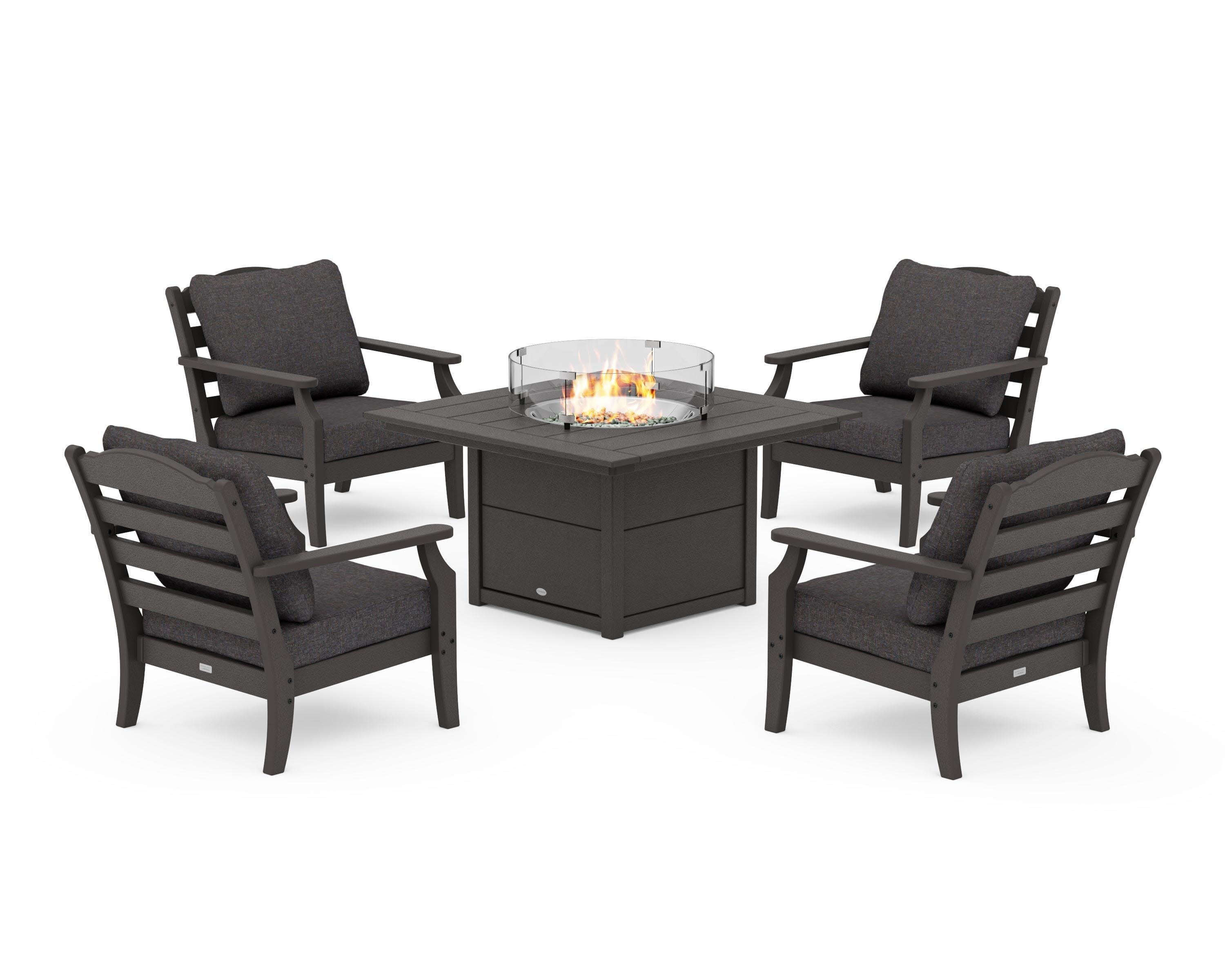 Savannah 5-Piece Deep Seating Set with Fire Pit Table in Vintage Coffee / Ash Charcoal