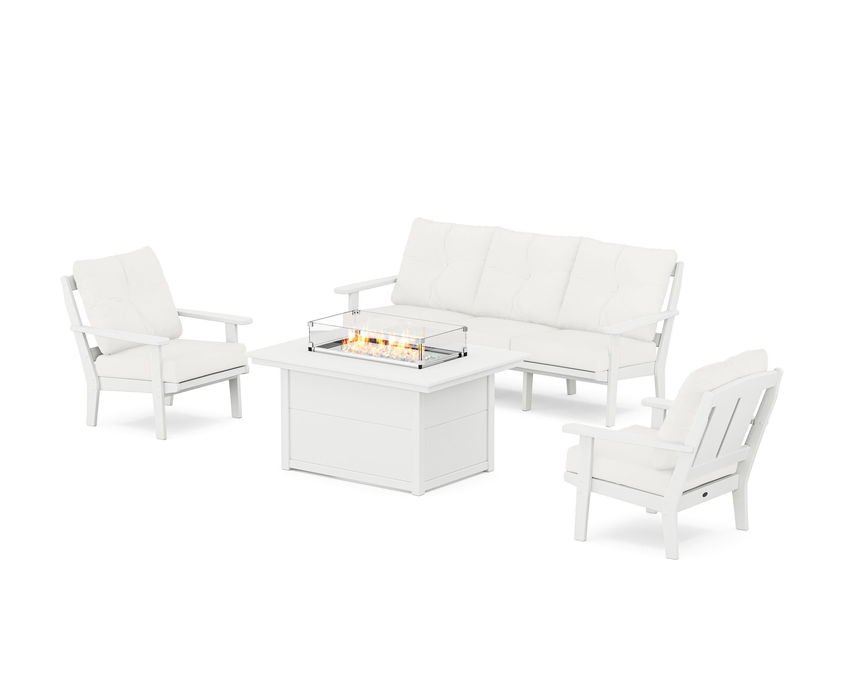 Mission Deep Seating Fire Pit Table Set in White / Natural Linen
