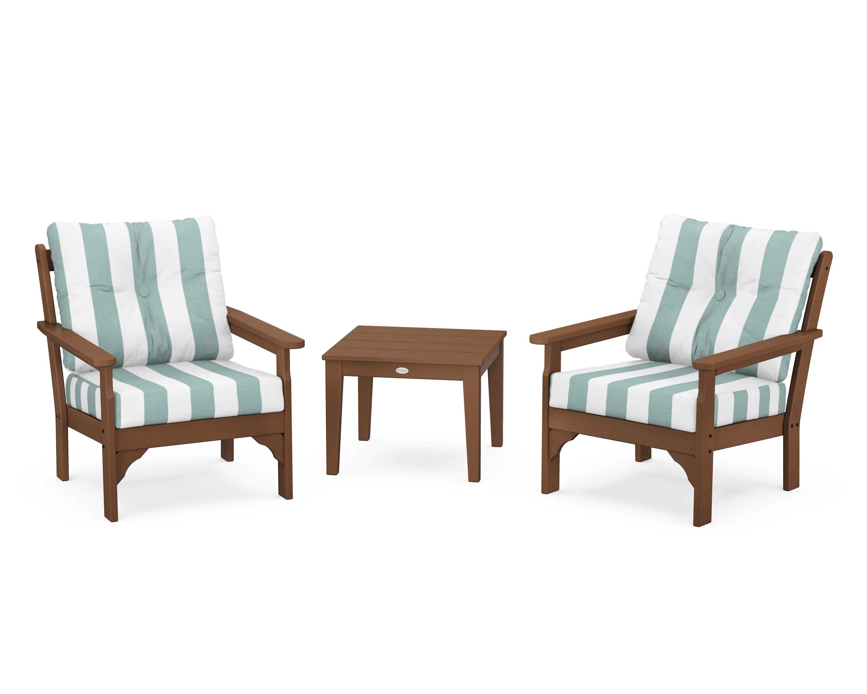 Vineyard 3-Piece Deep Seating Set in Teak / Cabana Stripe Glacier Spa