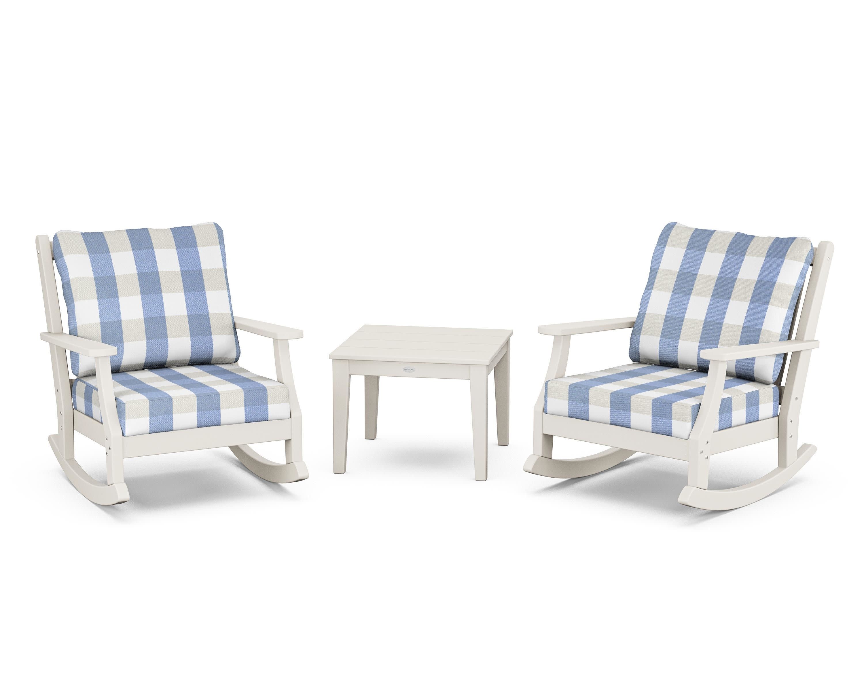 Wovendale 3-Piece Deep Seating Rocker Set in Sand / Buffalo Plaid Sky Blue