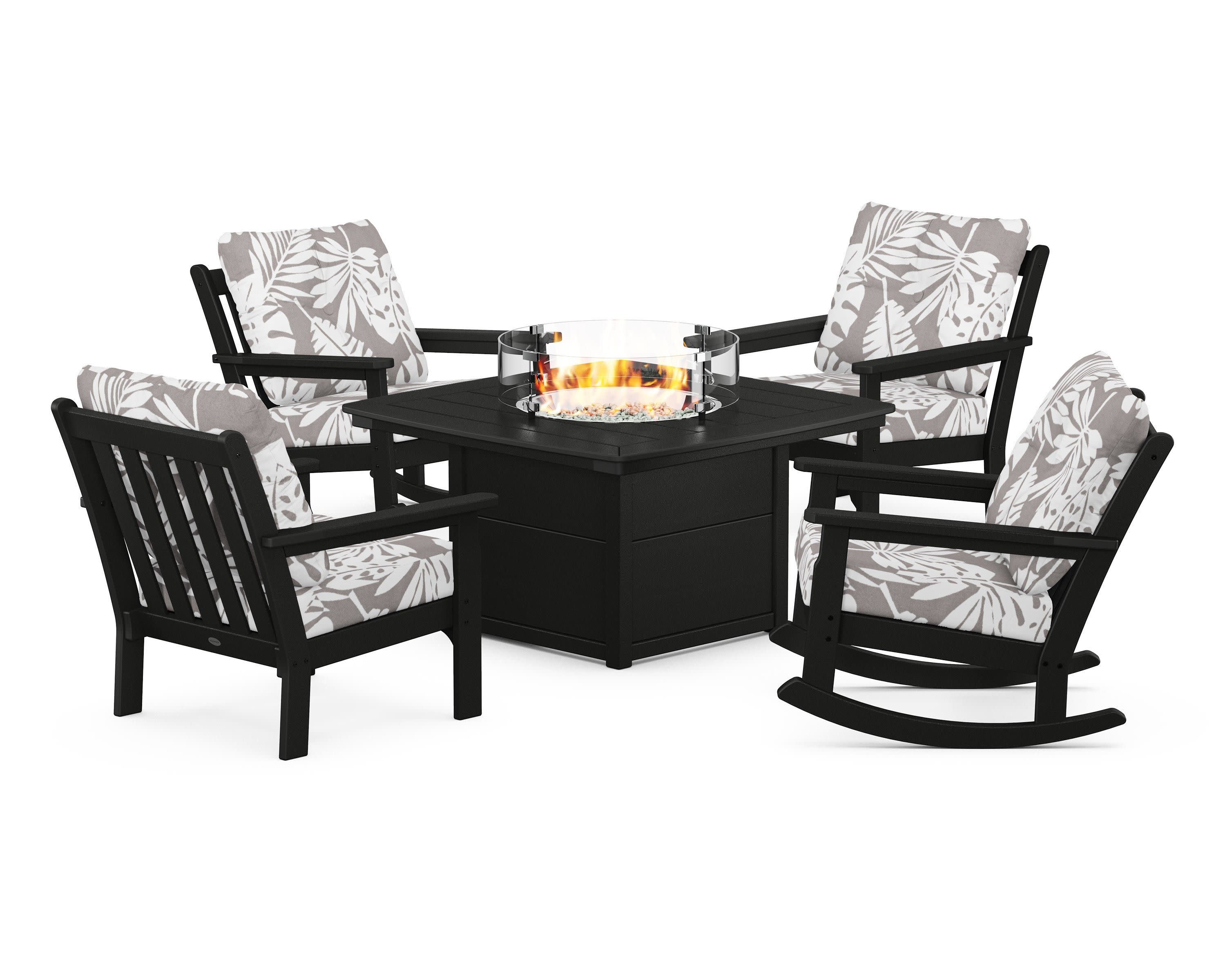 Vineyard 5-Piece Deep Seating Rocking Chair Conversation Set with Fire Pit Table in Black / Leaf Grey Mist