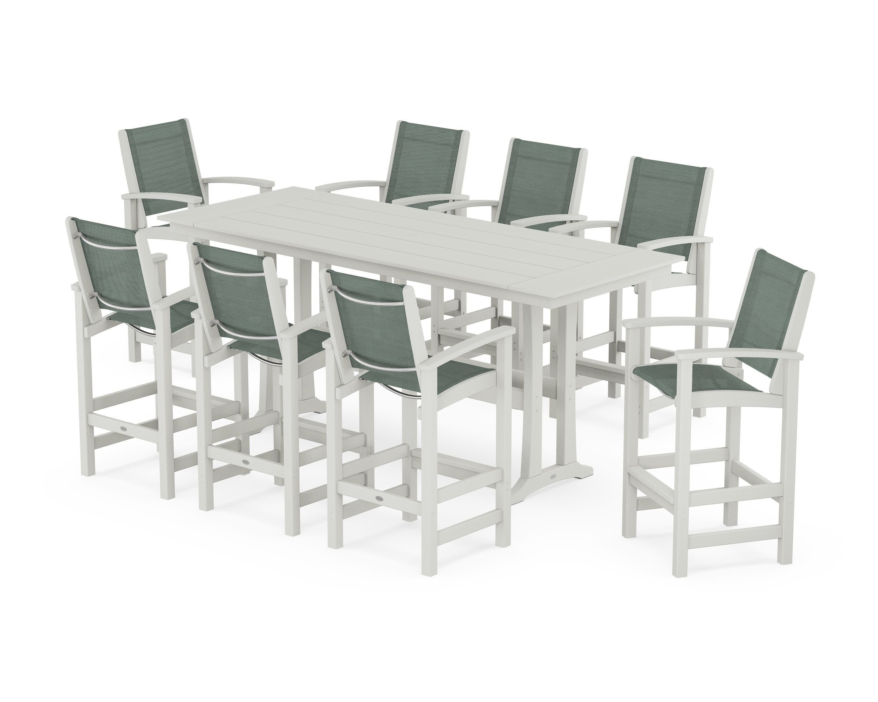 Coastal 9-Piece Farmhouse Bar Set with Trestle Legs in Vintage White / Dupioni Sea Mist Sling
