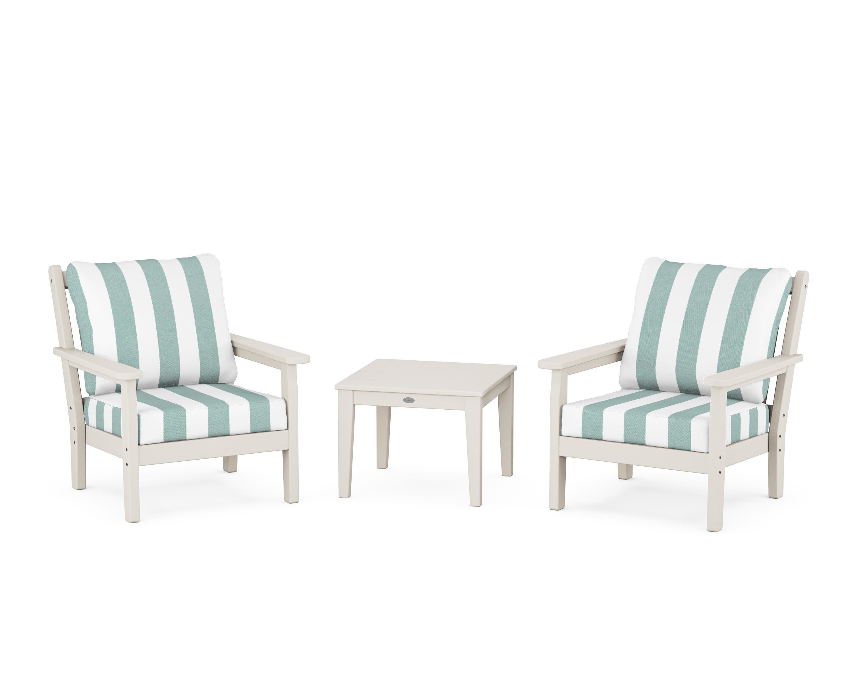 Chippendale 3-Piece Deep Seating Set in Sand / Cabana Stripe Glacier Spa