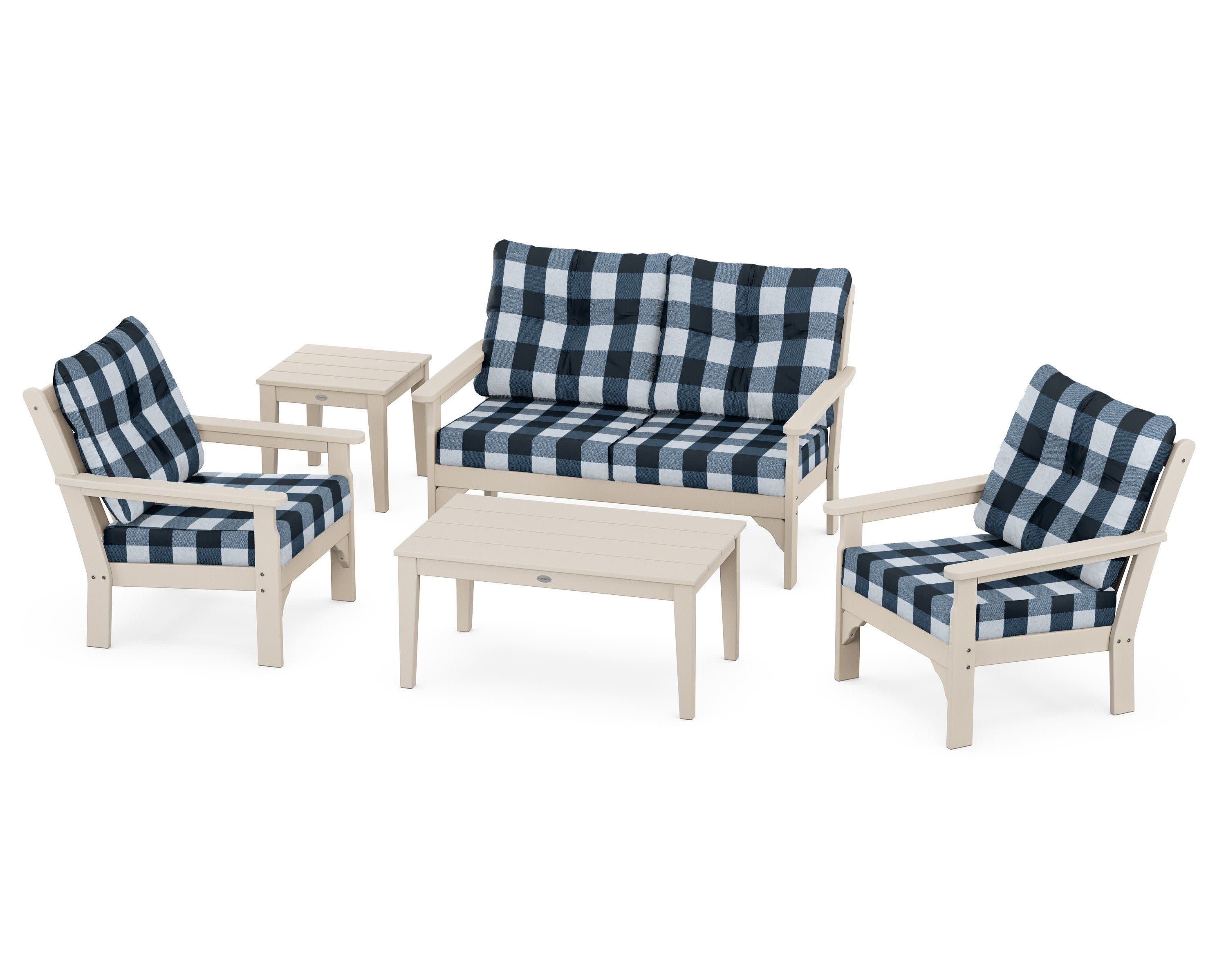 Vineyard 5-Piece Deep Seating Set in Sand / Buffalo Plaid Marine Indigo