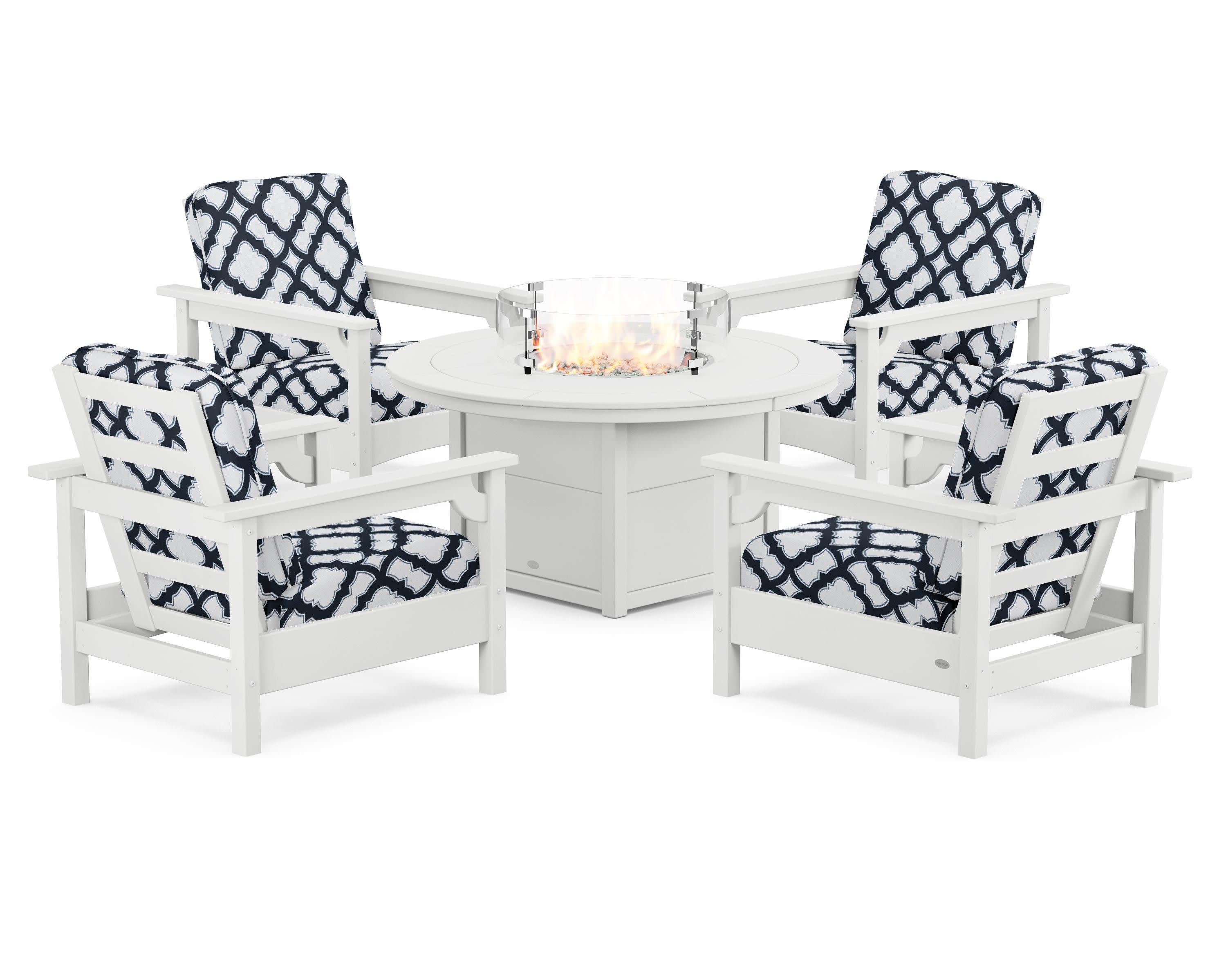 Club 5-Piece Conversation Set with Fire Pit Table in White / Trellis Marine Indigo