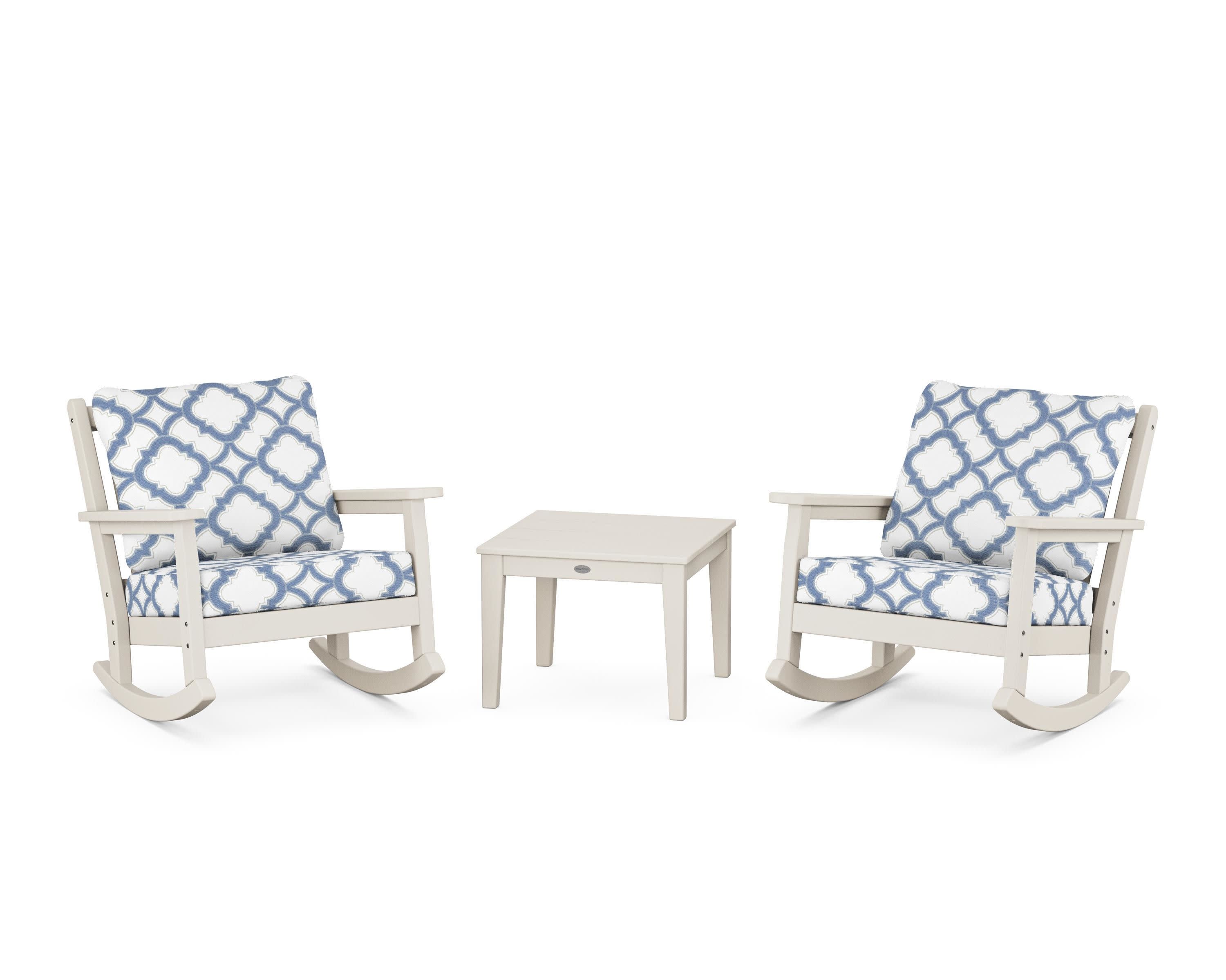 Chippendale 3-Piece Deep Seating Rocker Set in Sand / Trellis Sky Blue