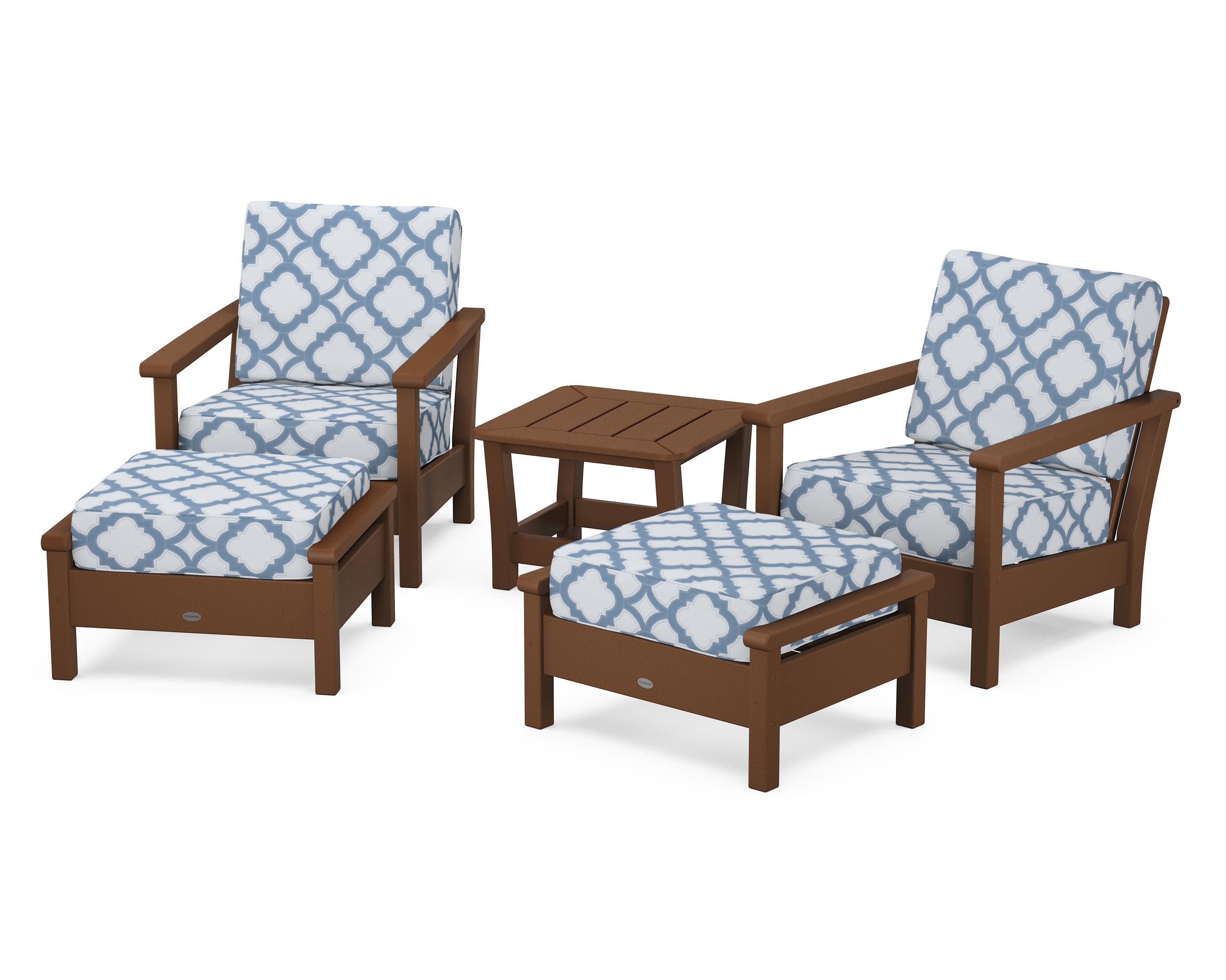 Harbour 5-Piece Deep Seating Chair Set in Teak / Trellis Sky Blue