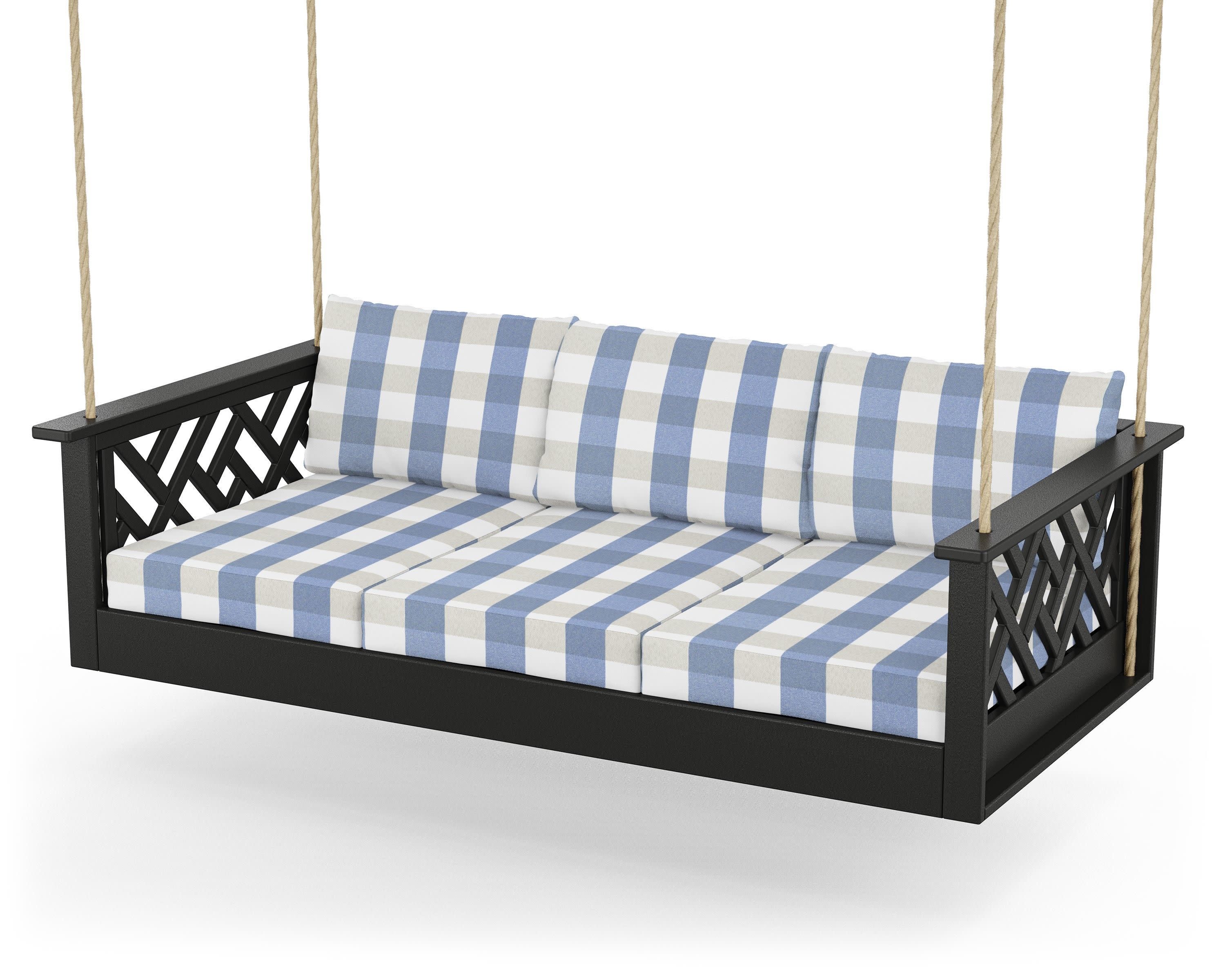 Chippendale Daybed Swing in Black / Buffalo Plaid Sky Blue
