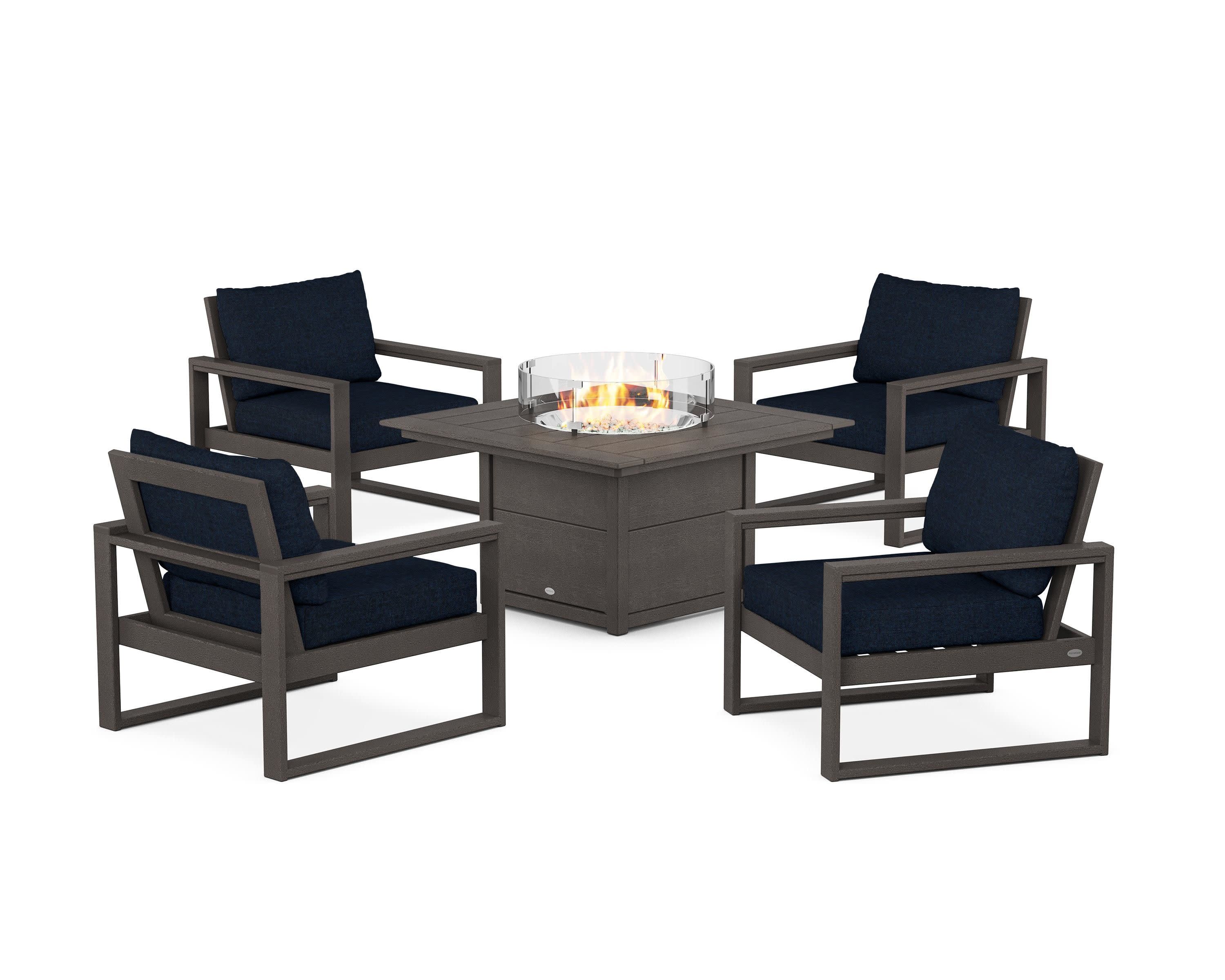 EDGE Sectional 5-Piece Deep Seating Set with Fire Pit Table in Vintage Coffee / Marine Indigo