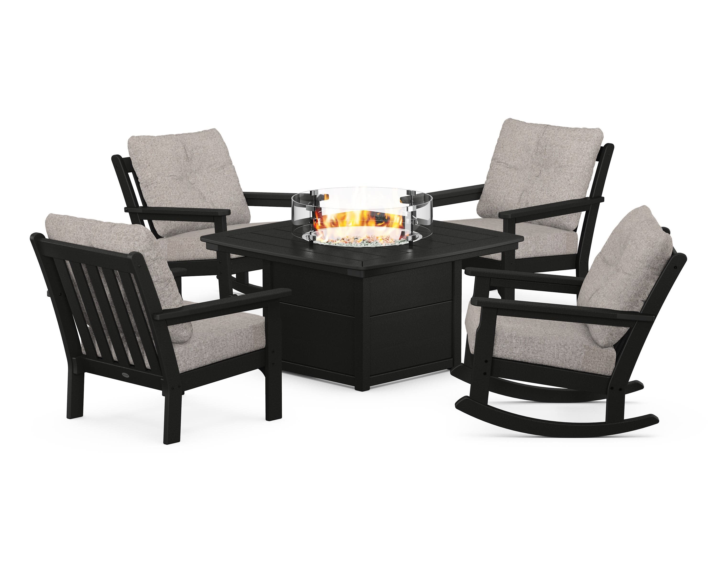 Vineyard 5-Piece Deep Seating Rocking Chair Conversation Set with Fire Pit Table in Black / Weathered Tweed