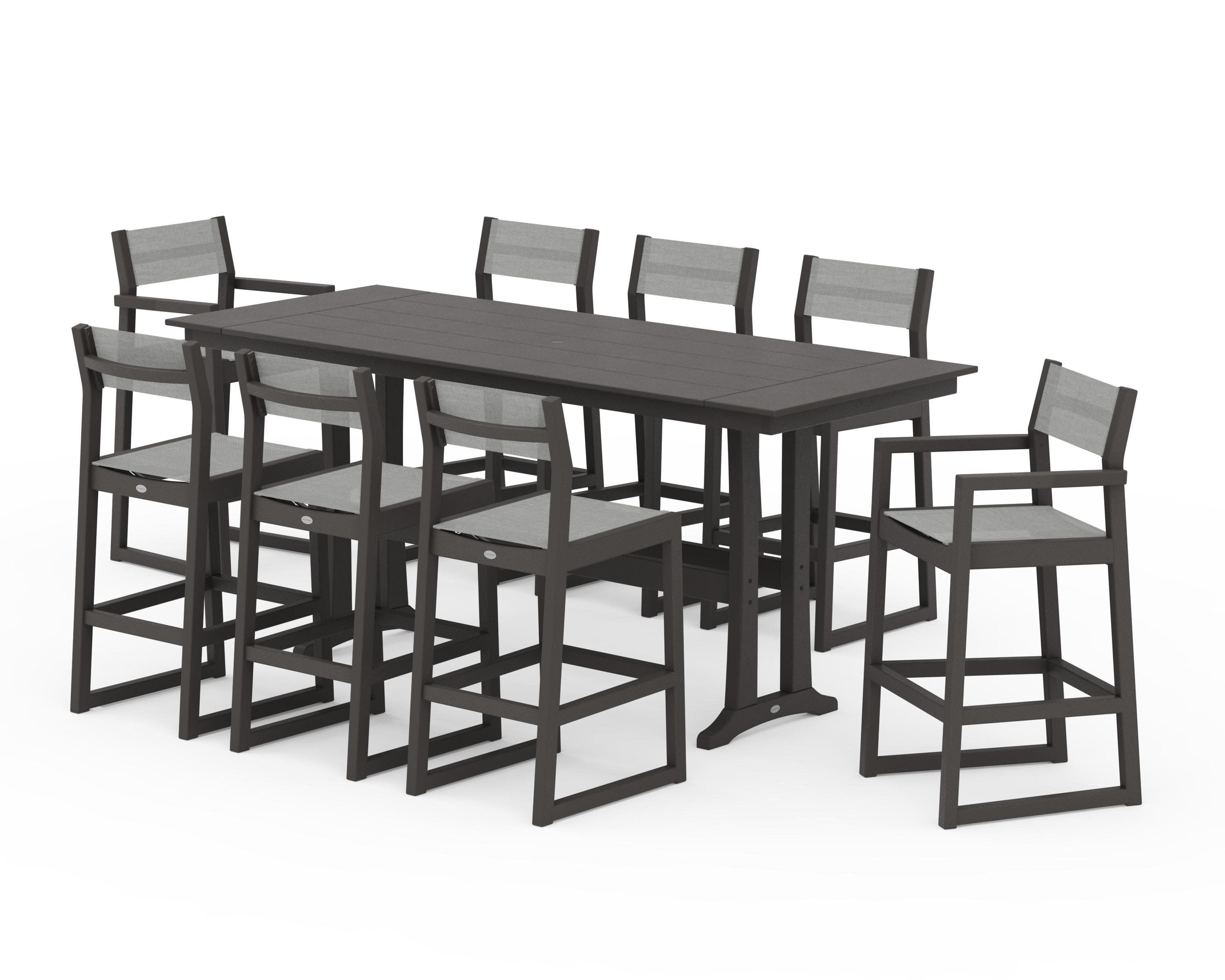 EDGE Sling 9-Piece Farmhouse Bar Set with Trestle Legs in Vintage Coffee / Metallic Sling