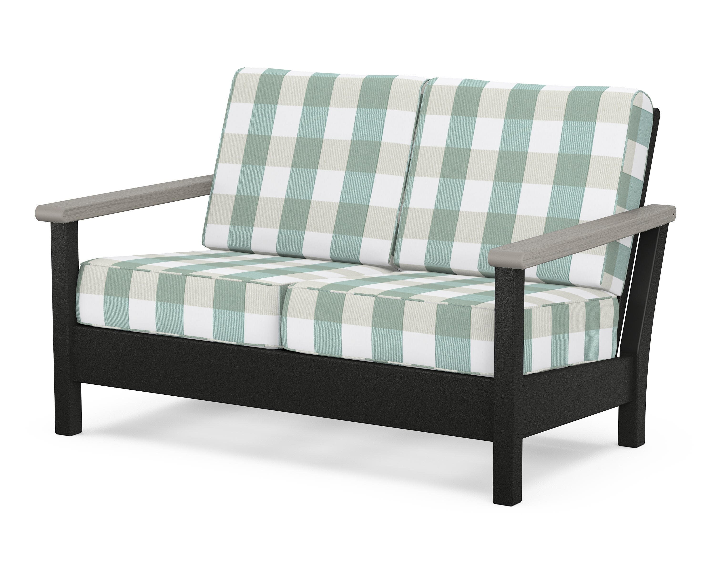 Harbour Deep Seating Loveseat in Black / Driftwood / Buffalo Plaid Glacier Spa