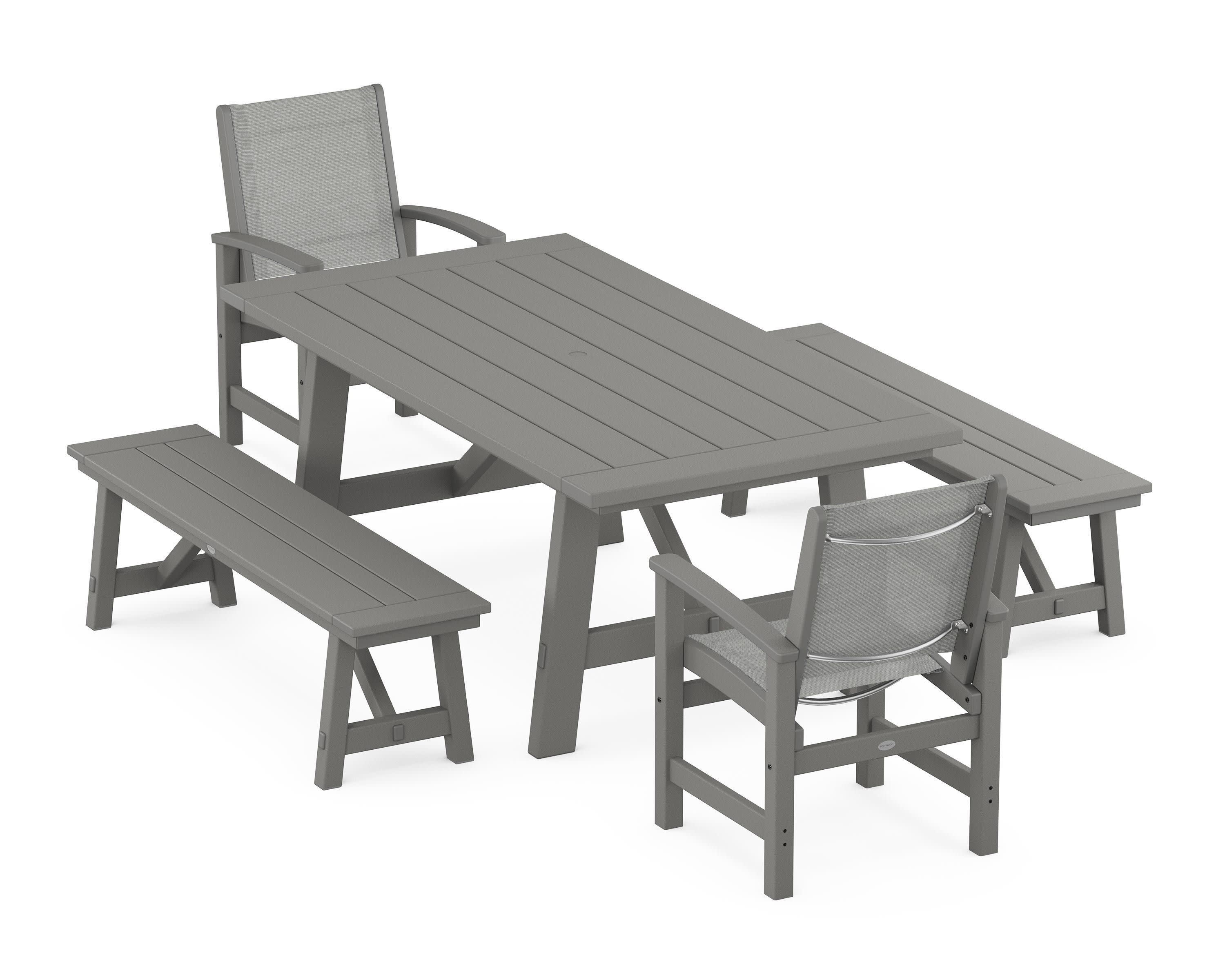 Coastal 5-Piece Rustic Farmhouse Dining Set With Benches in Slate Grey / Metallic Sling