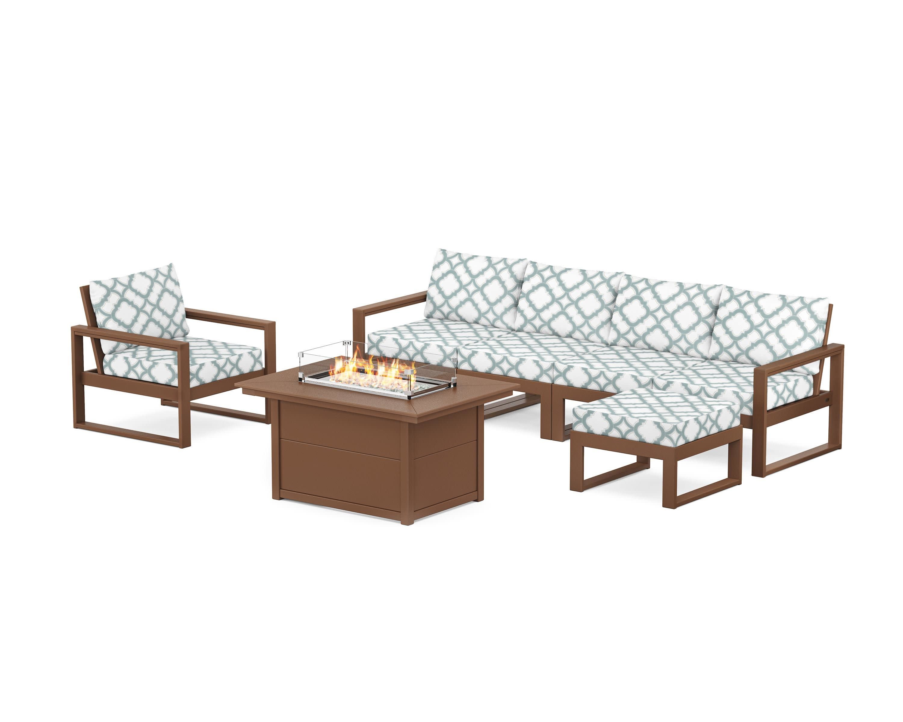 EDGE Sectional Lounge and Fire Pit Set in Teak / Trellis Glacier Spa