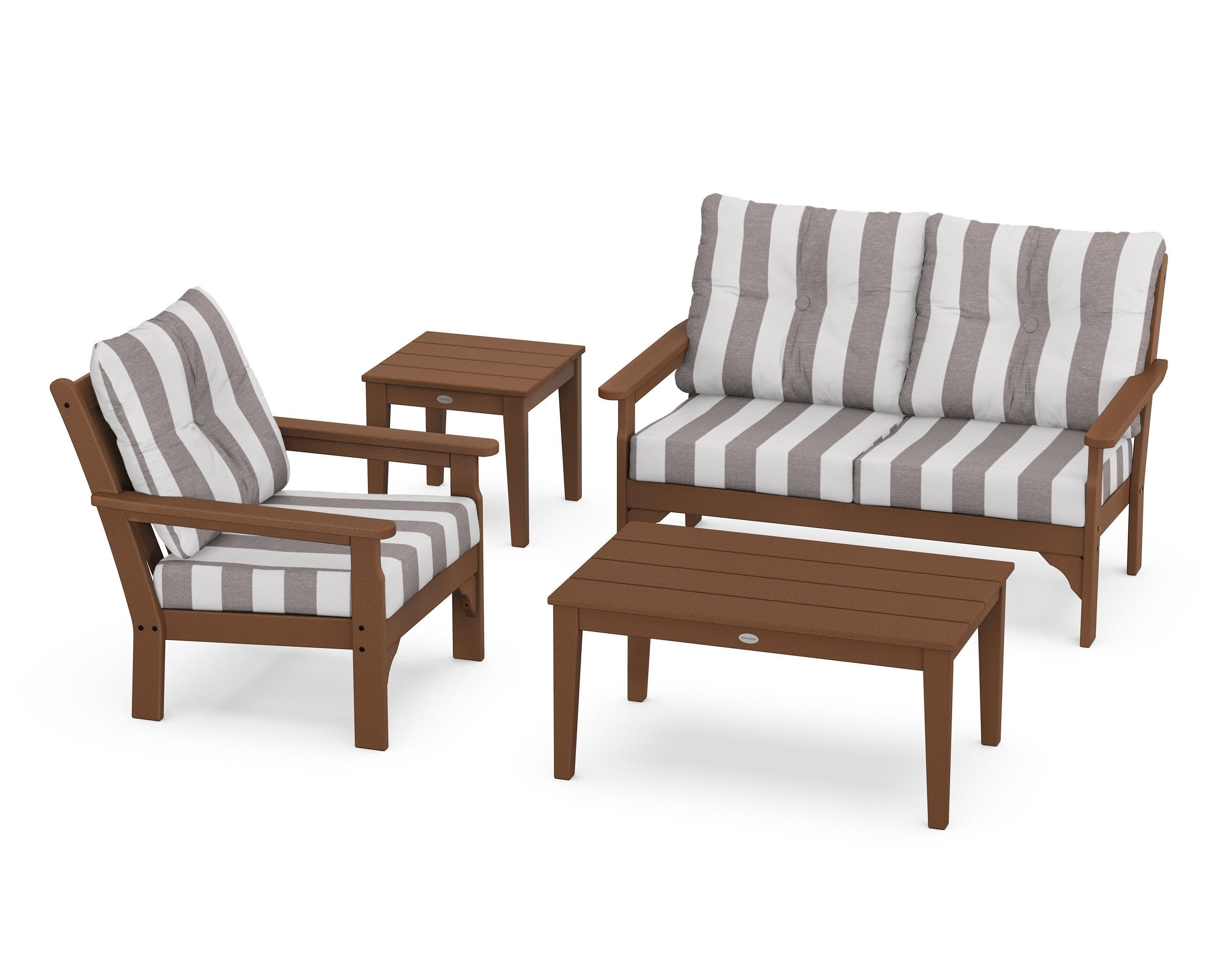 Vineyard 4-Piece Deep Seating Set in Teak / Cabana Stripe Grey Mist