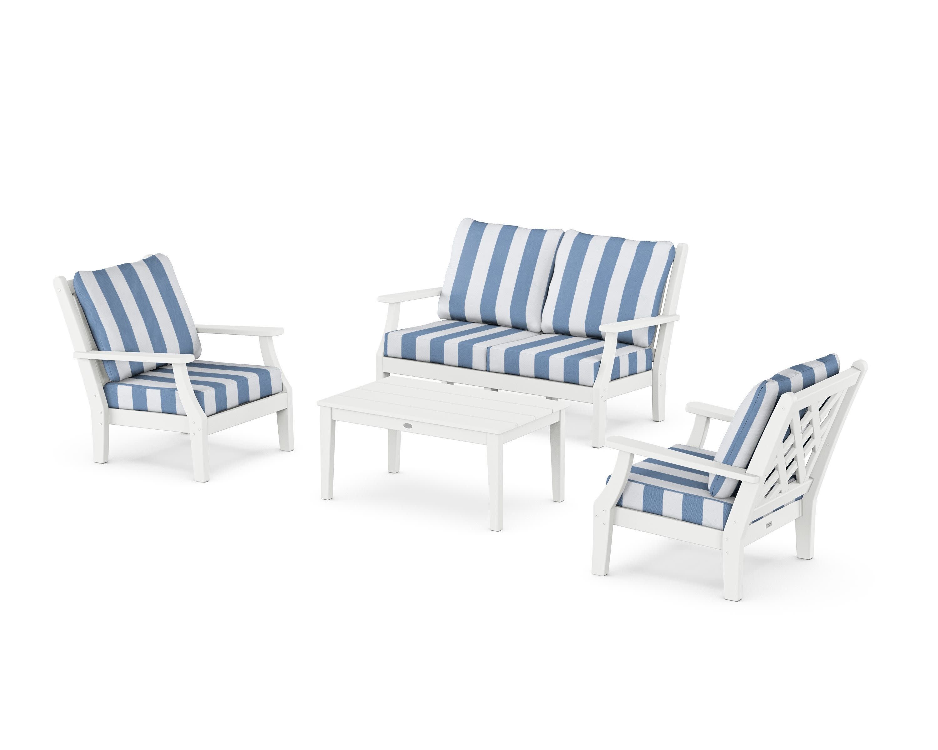 Wovendale 4-Piece Deep Seating Set with Loveseat in White / Cabana Stripe Sky Blue