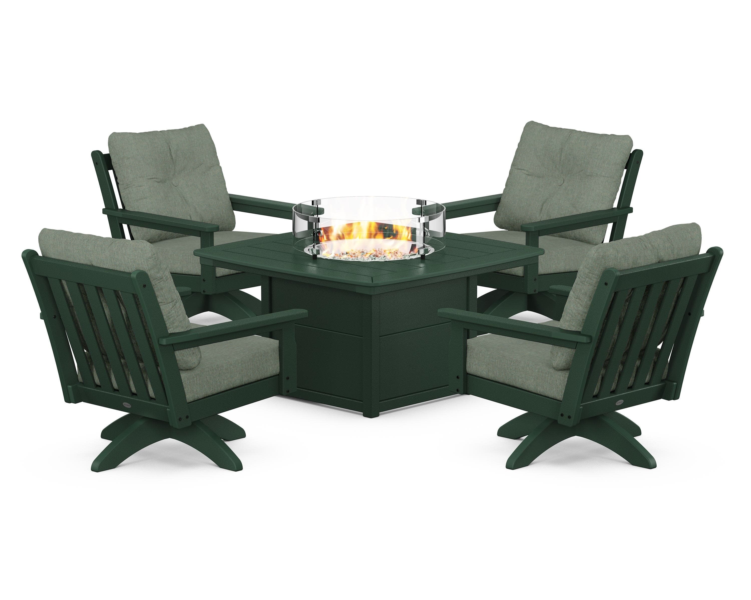 Vineyard 5-Piece Deep Seating Swivel Conversation Set with Fire Pit Table in Green / Cast Sage