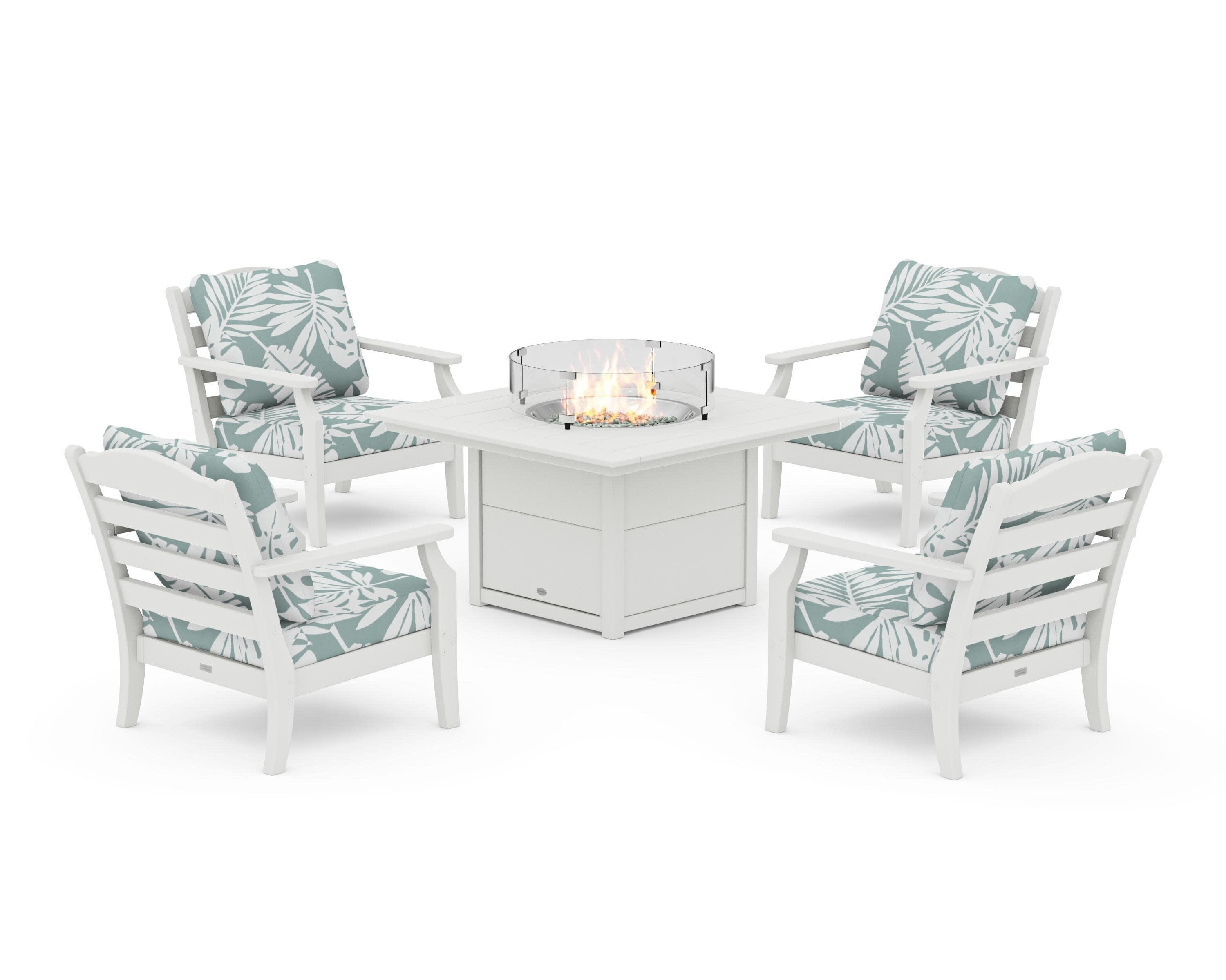 Savannah 5-Piece Deep Seating Set with Fire Pit Table in Vintage White / Leaf Glacier Spa