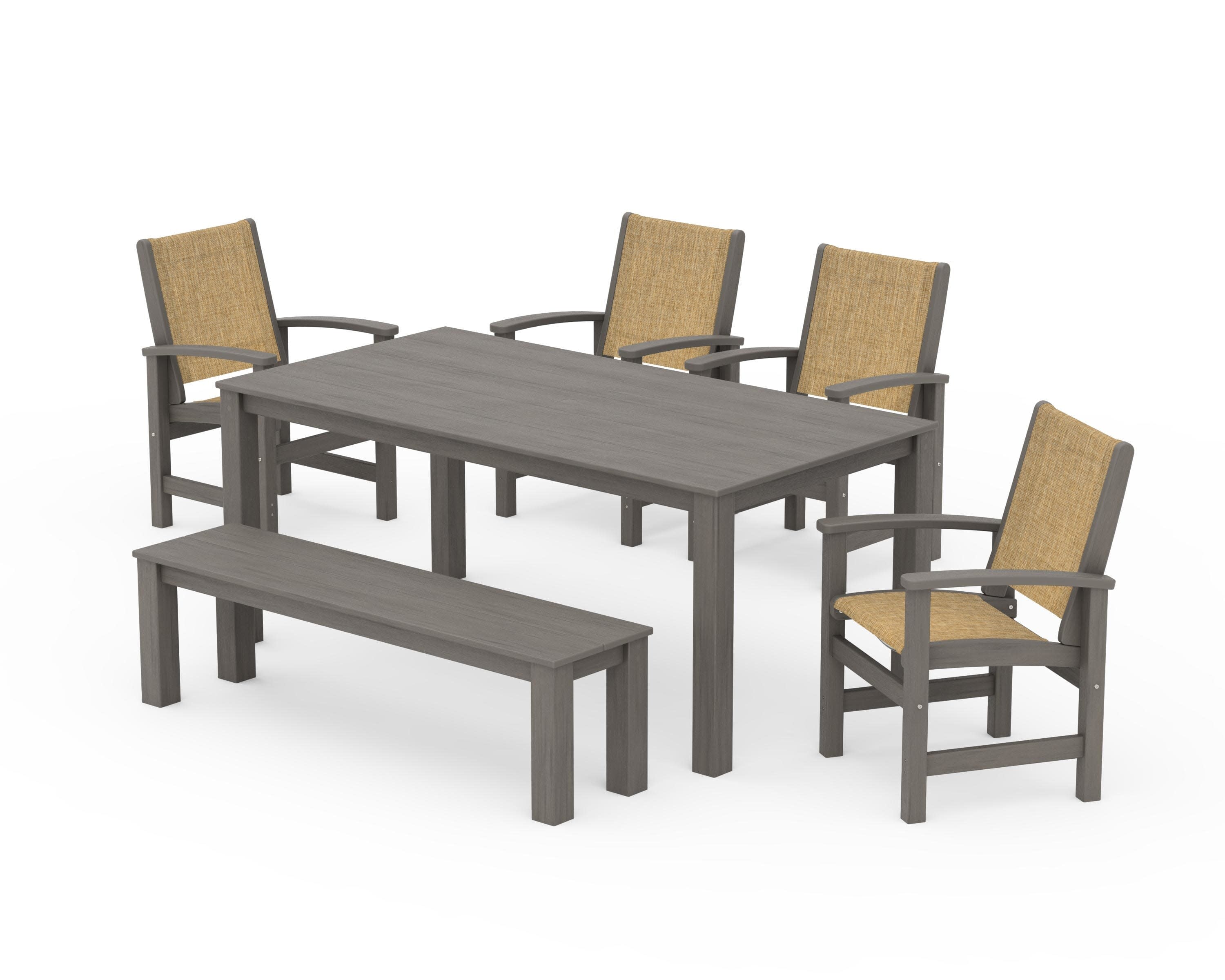 Coastal 6-Piece Parsons Dining Set with Bench in Driftwood / Burlap Sling