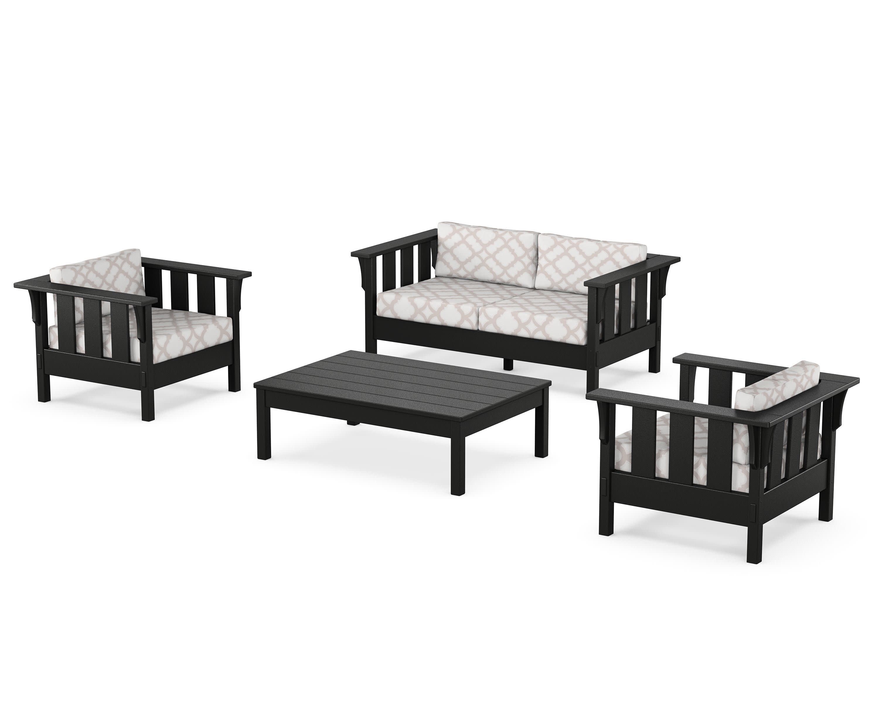 Acadia 4-Piece Deep Seating Set with Loveseat in Black / Trellis Dune Burlap