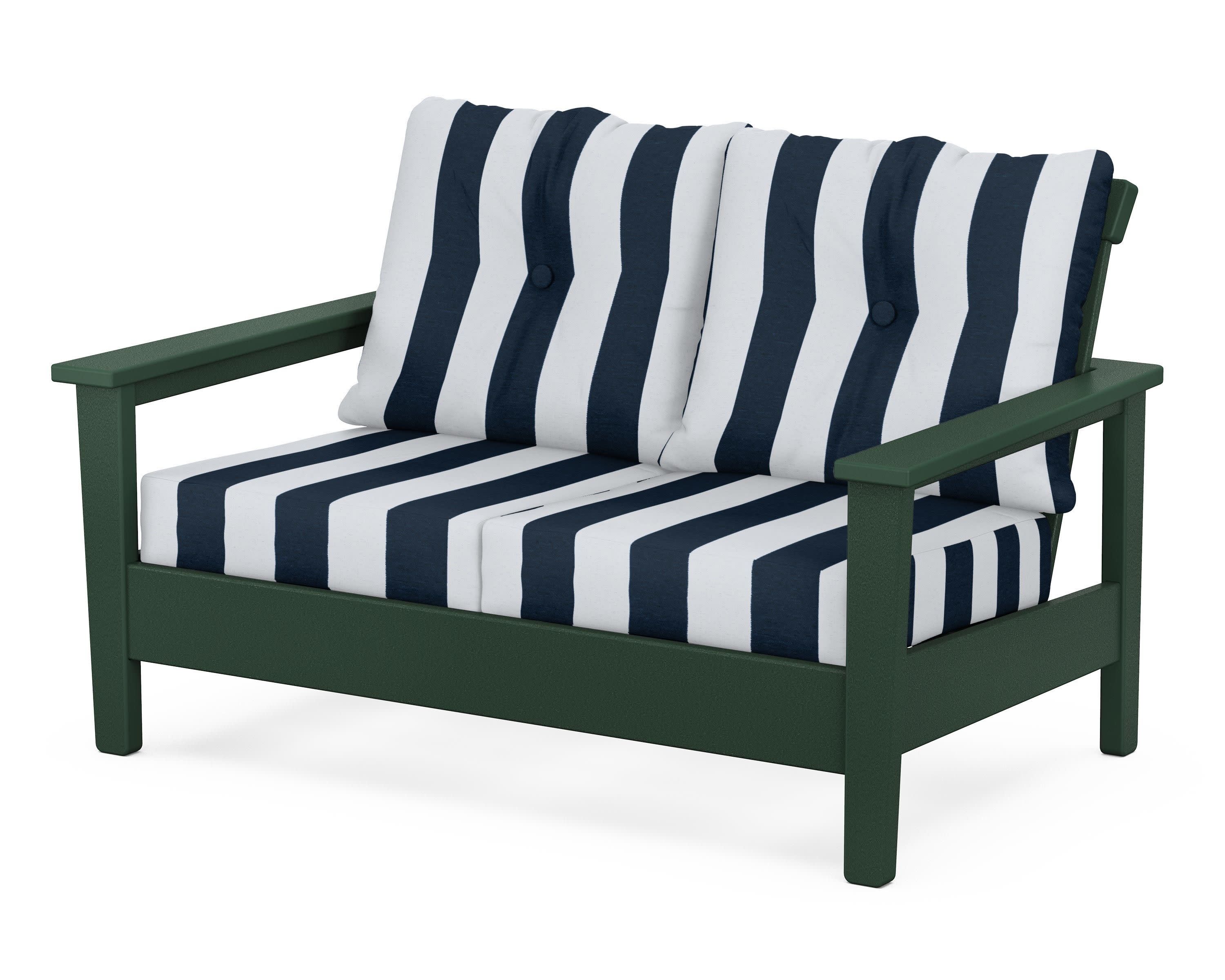 Prescott Deep Seating Loveseat in Green / Cabana Stripe Marine Indigo